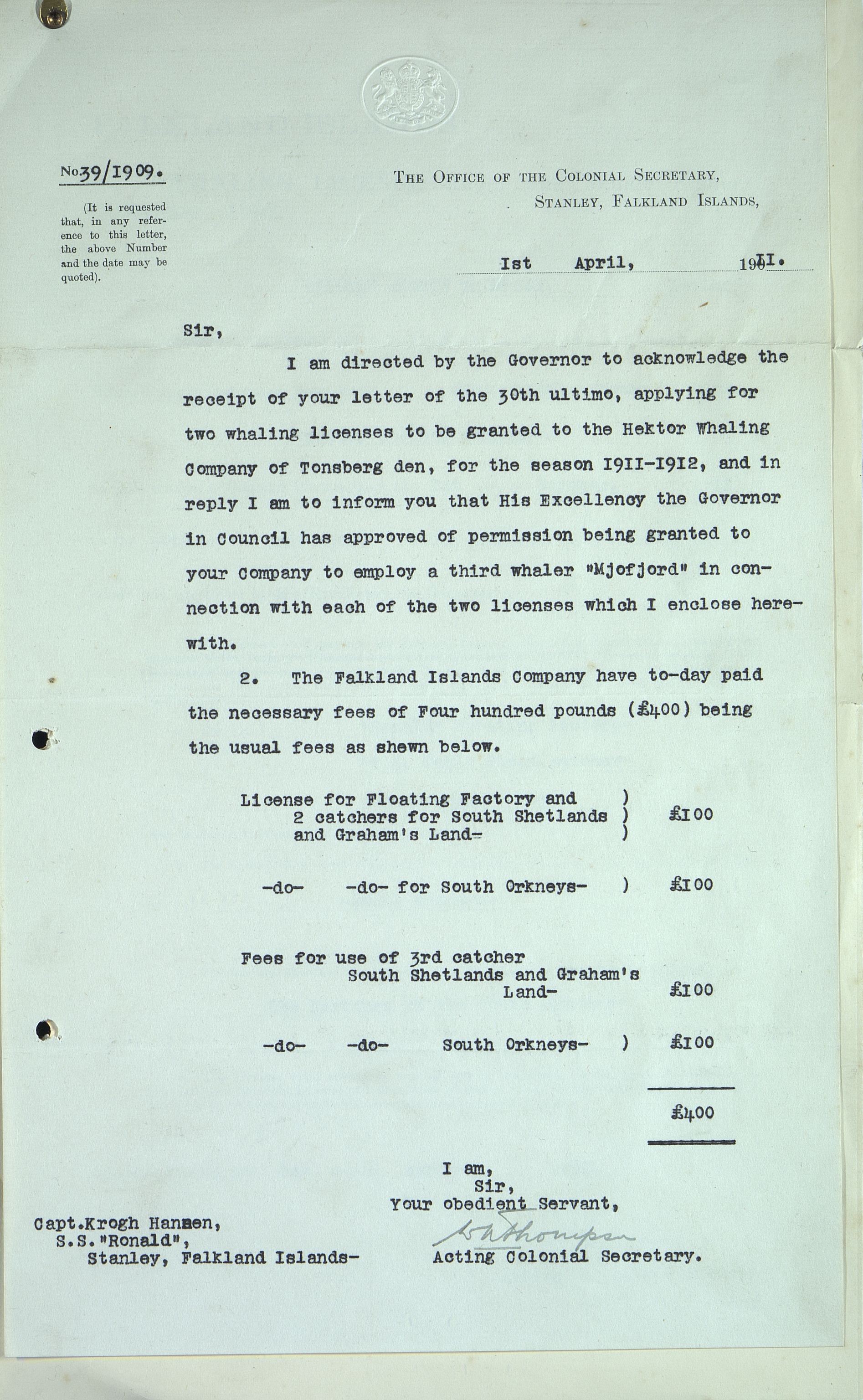 Pa 258 - N. Bugge AS, VEMU/A-1326/E/Ea/L0001/0003: Lisensavtaler og korrespondanse med Britiske myndigheter / The Office of the Colonial Secretary, Stanley, Falkland Island, 1911-1920