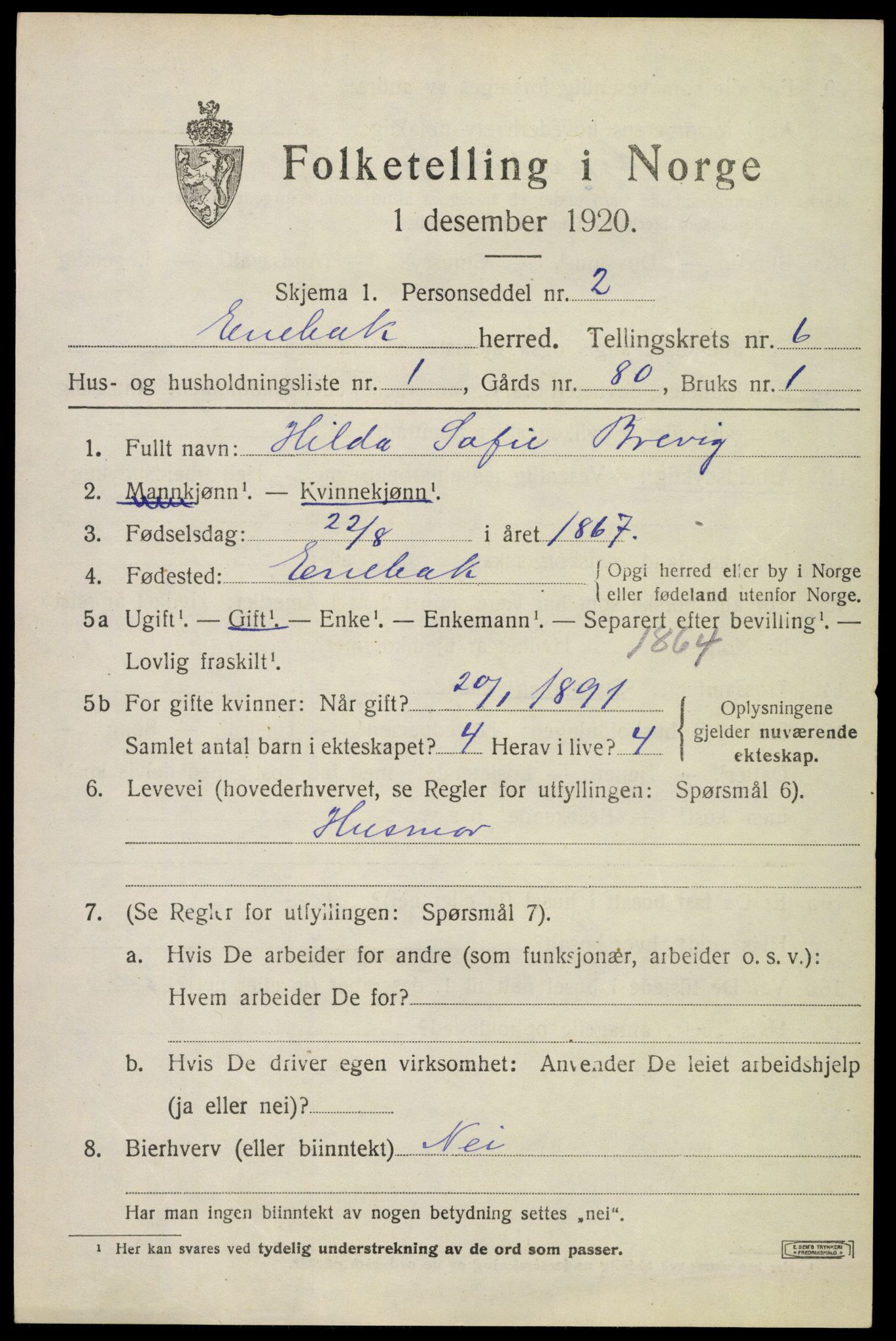 SAO, 1920 census for Enebakk, 1920, p. 4713