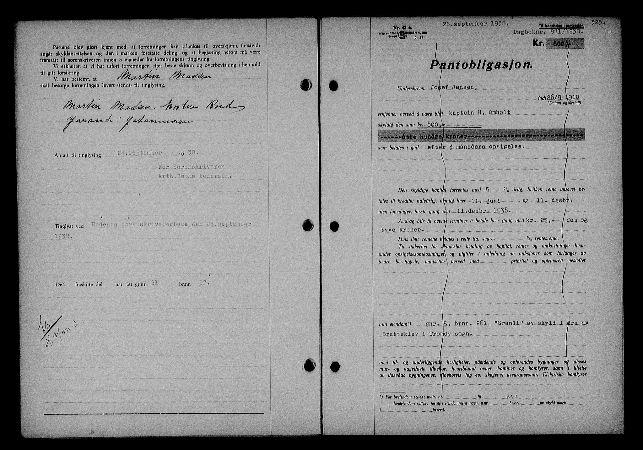 Nedenes sorenskriveri, SAK/1221-0006/G/Gb/Gba/L0045: Mortgage book no. 41, 1938-1938, Diary no: : 971/1938