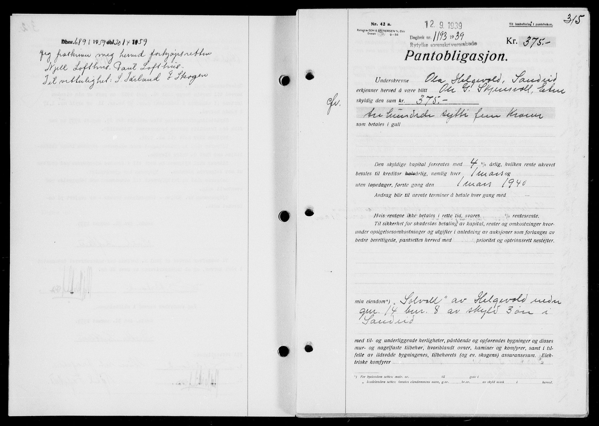 Ryfylke tingrett, AV/SAST-A-100055/001/II/IIB/L0080: Mortgage book no. 59, 1939-1939, Diary no: : 1193/1939