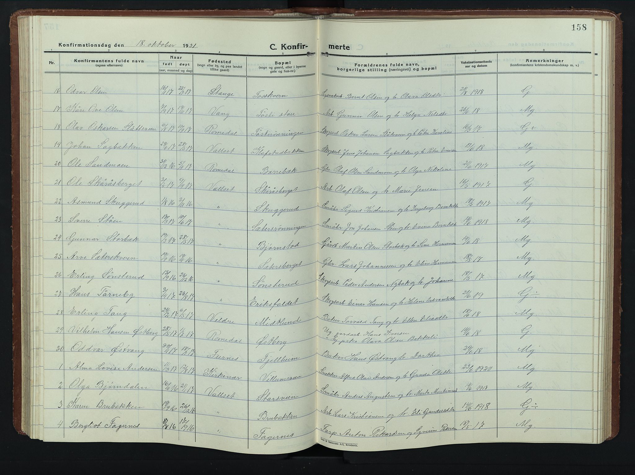 Romedal prestekontor, AV/SAH-PREST-004/L/L0015: Parish register (copy) no. 15, 1923-1949, p. 158