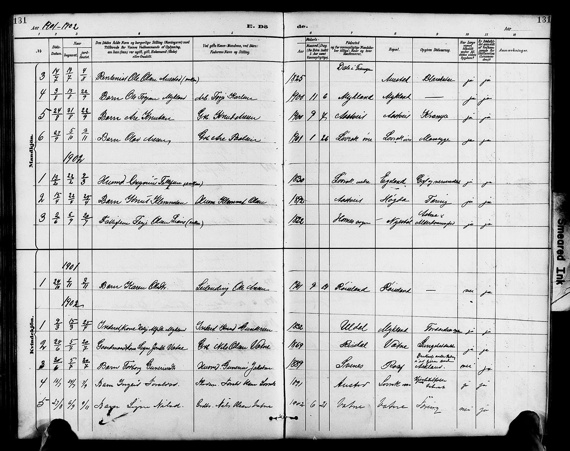 Herefoss sokneprestkontor, AV/SAK-1111-0019/F/Fb/Fbc/L0003: Parish register (copy) no. B 3, 1887-1915, p. 131