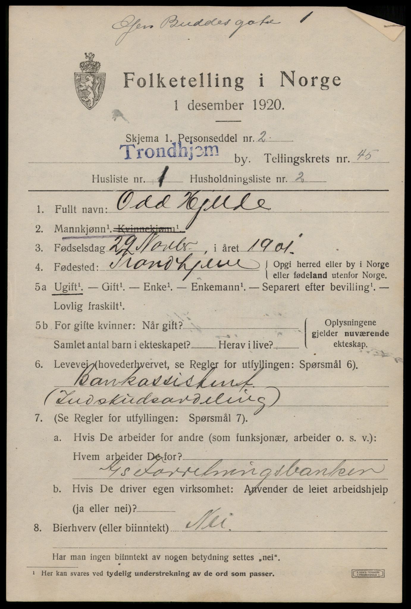 SAT, 1920 census for Trondheim, 1920, p. 96266