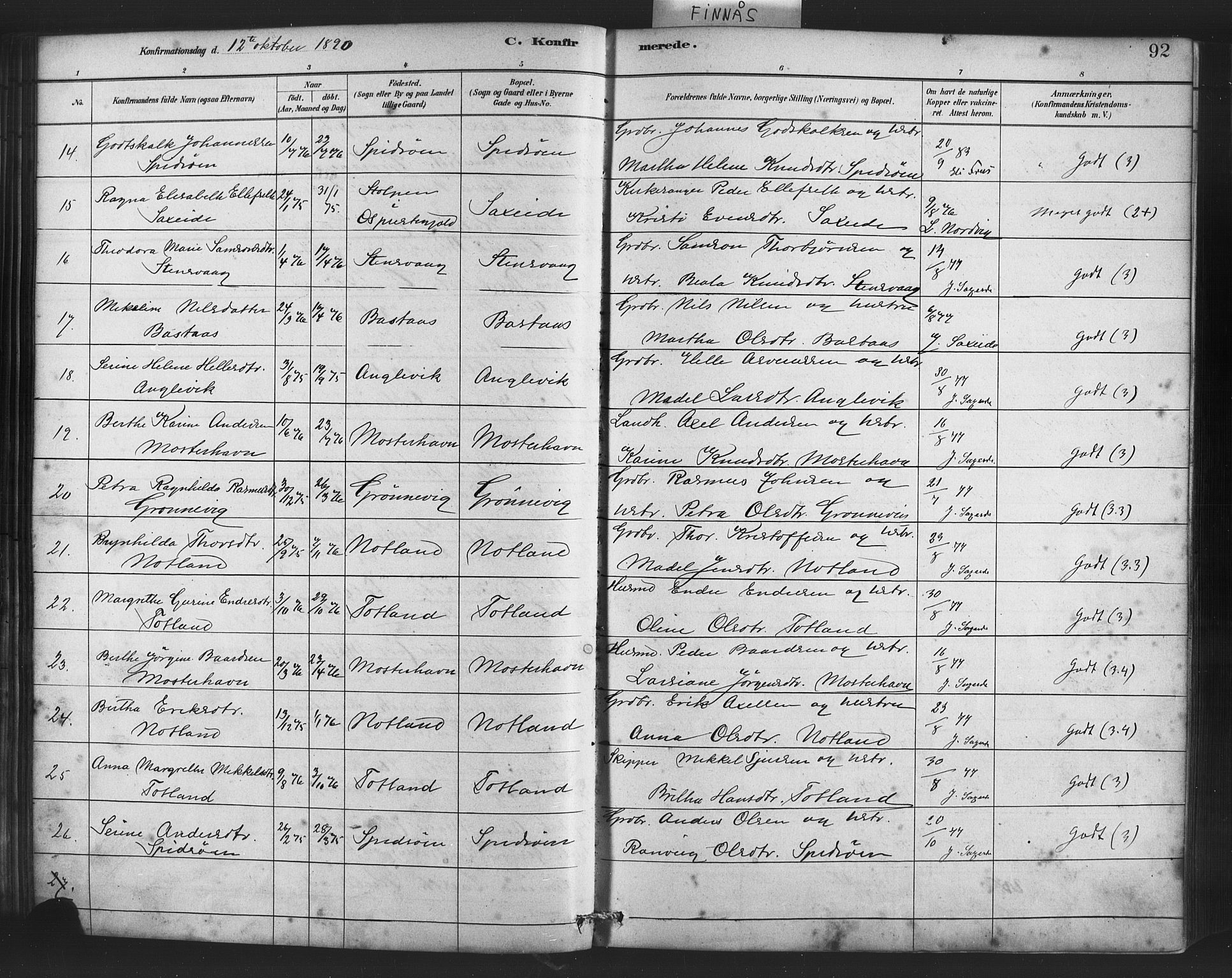 Finnås sokneprestembete, AV/SAB-A-99925/H/Ha/Haa/Haab/L0001: Parish register (official) no. B 1, 1881-1894, p. 92