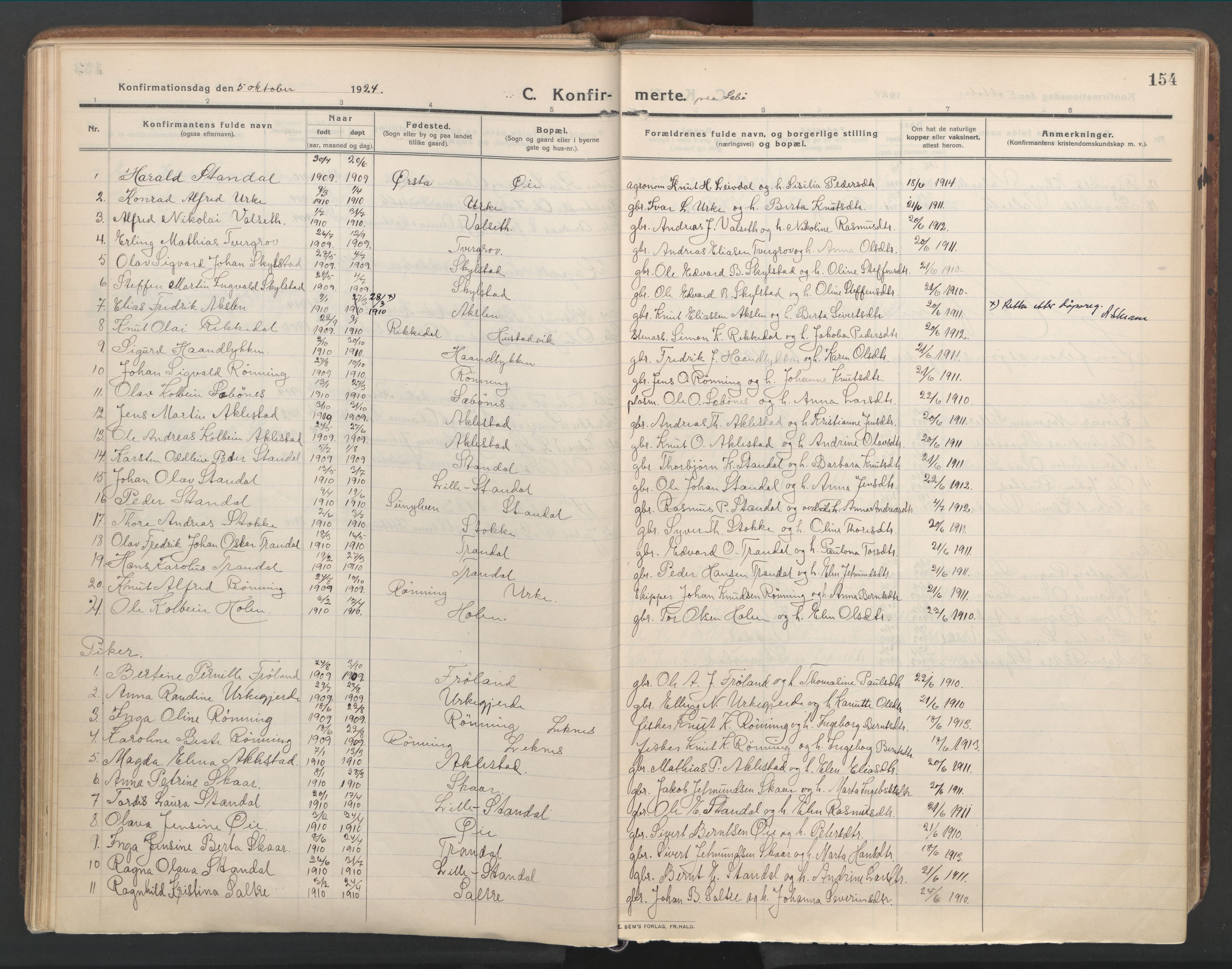 Ministerialprotokoller, klokkerbøker og fødselsregistre - Møre og Romsdal, AV/SAT-A-1454/515/L0212: Parish register (official) no. 515A08, 1911-1935, p. 154