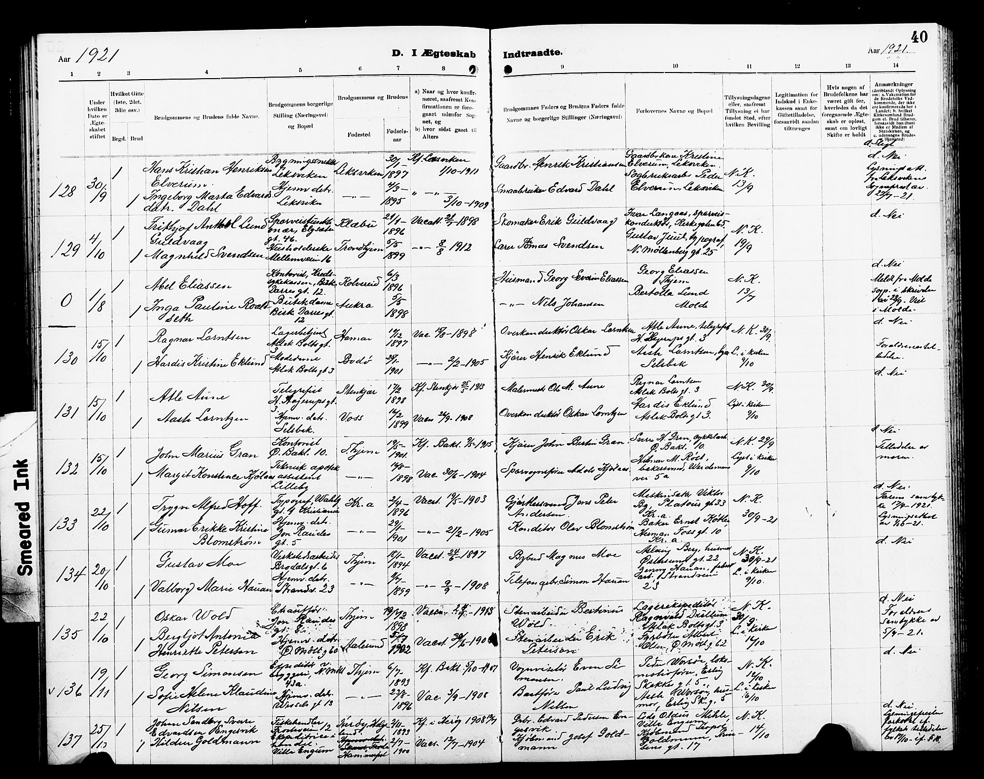 Ministerialprotokoller, klokkerbøker og fødselsregistre - Sør-Trøndelag, AV/SAT-A-1456/605/L0257: Parish register (copy) no. 605C04, 1916-1922, p. 40