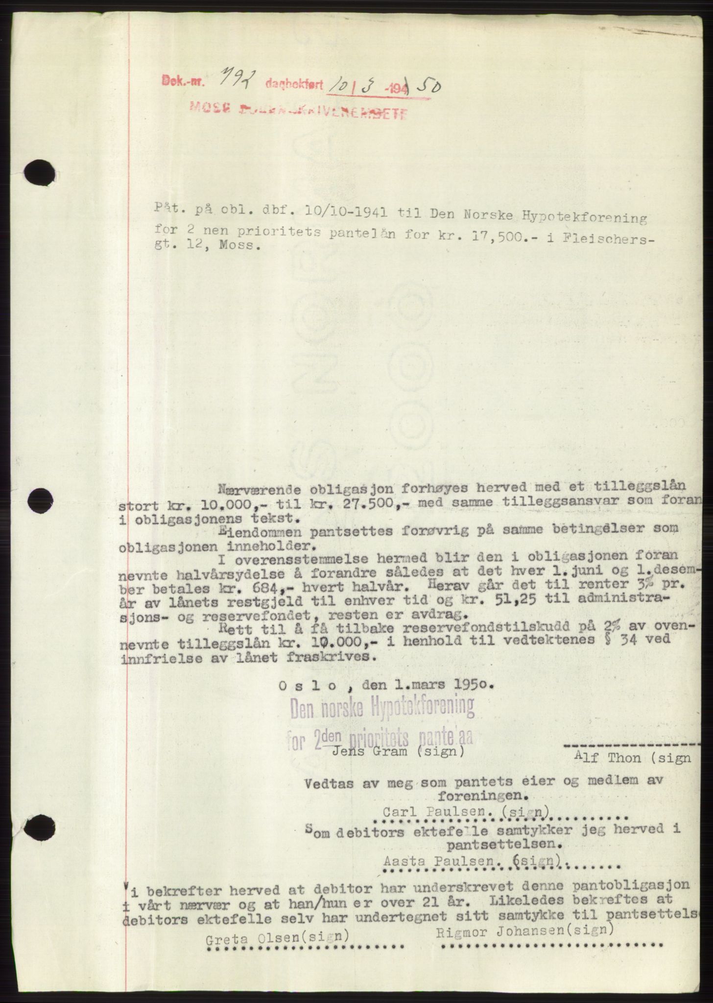 Moss sorenskriveri, SAO/A-10168: Mortgage book no. B23, 1949-1950, Diary no: : 792/1950