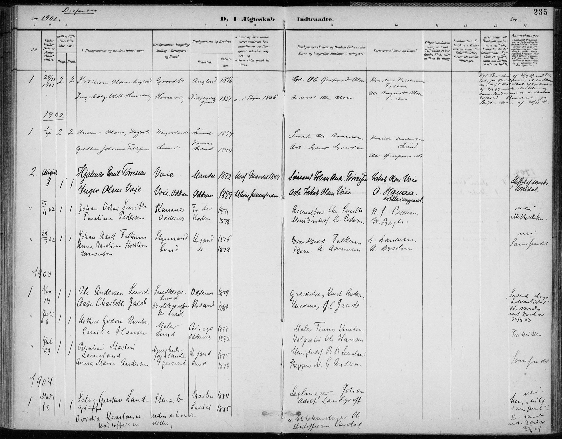 Oddernes sokneprestkontor, AV/SAK-1111-0033/F/Fa/Faa/L0010: Parish register (official) no. A 10, 1897-1911, p. 235