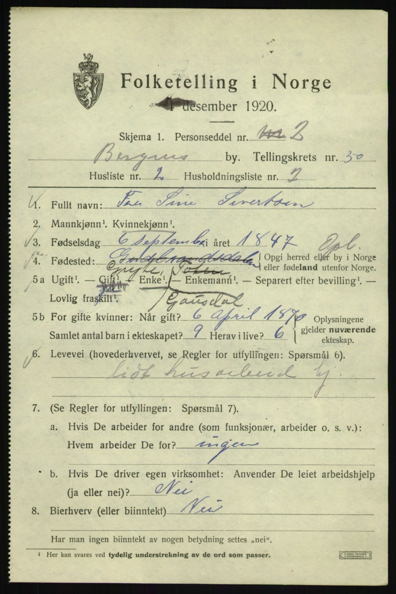 SAB, 1920 census for Bergen, 1920, p. 118894