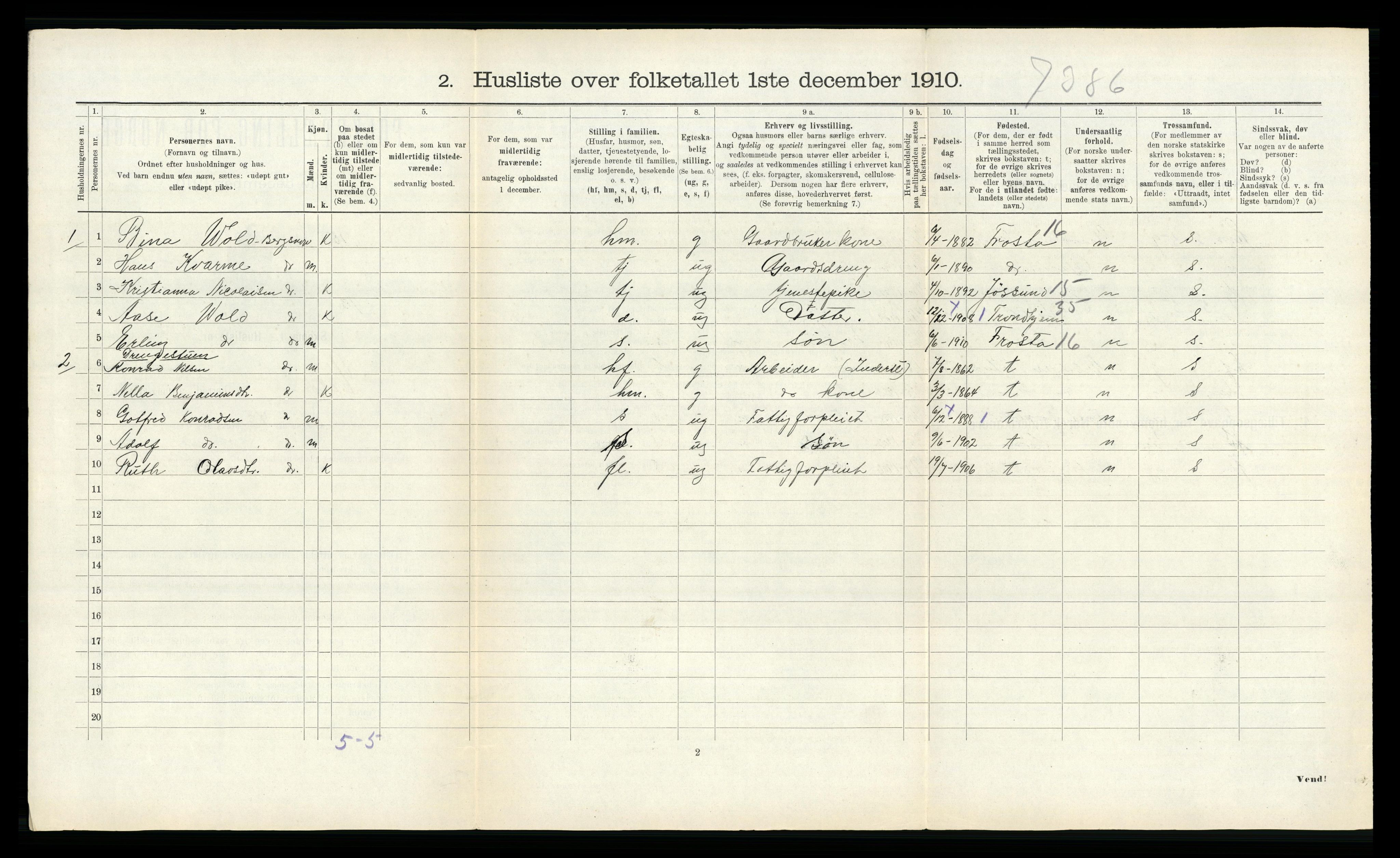 RA, 1910 census for Vikna, 1910, p. 738