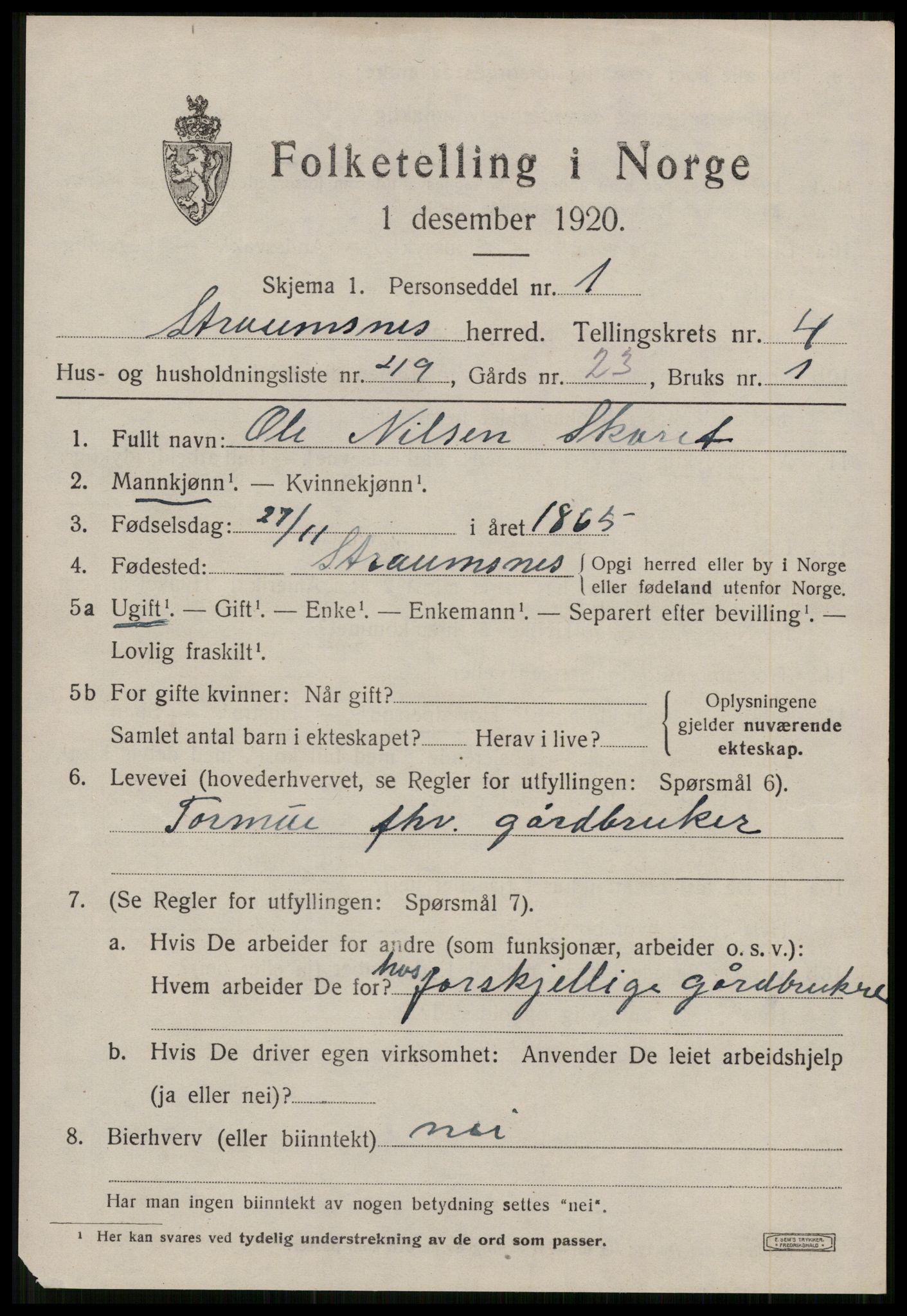 SAT, 1920 census for Straumsnes, 1920, p. 2017