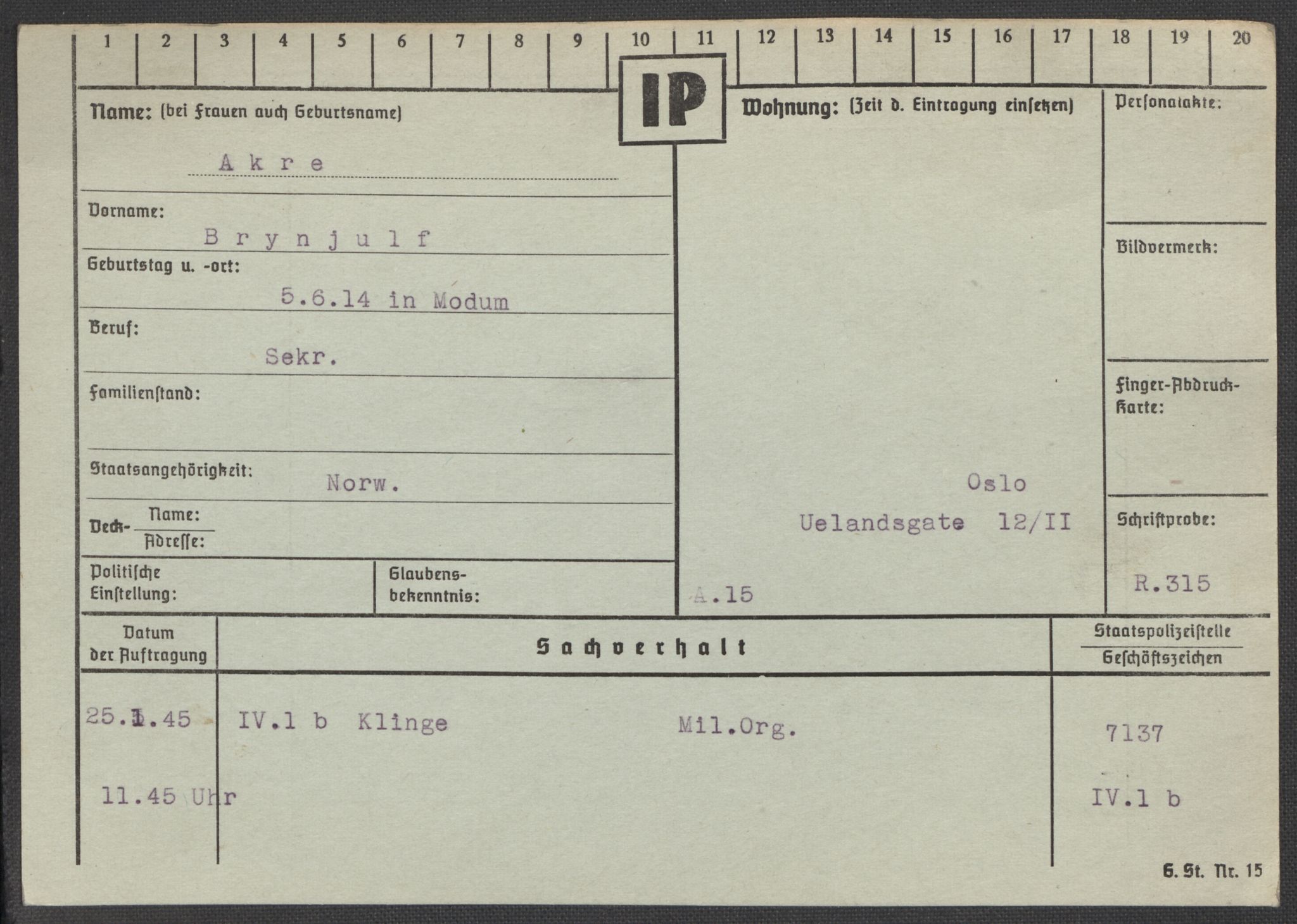 Befehlshaber der Sicherheitspolizei und des SD, RA/RAFA-5969/E/Ea/Eaa/L0001: Register over norske fanger i Møllergata 19: A-Bj, 1940-1945, p. 46