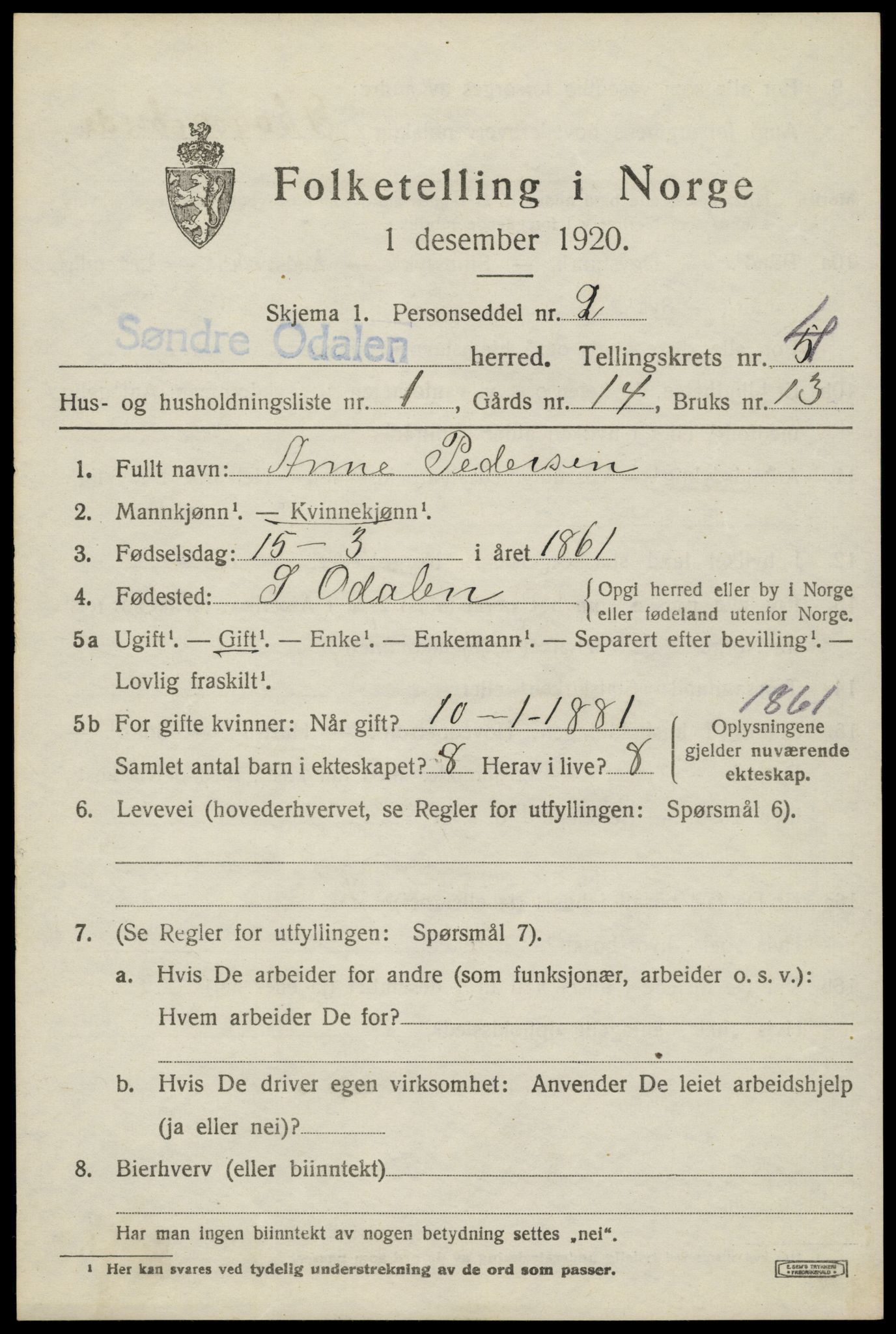 SAH, 1920 census for Sør-Odal, 1920, p. 5019