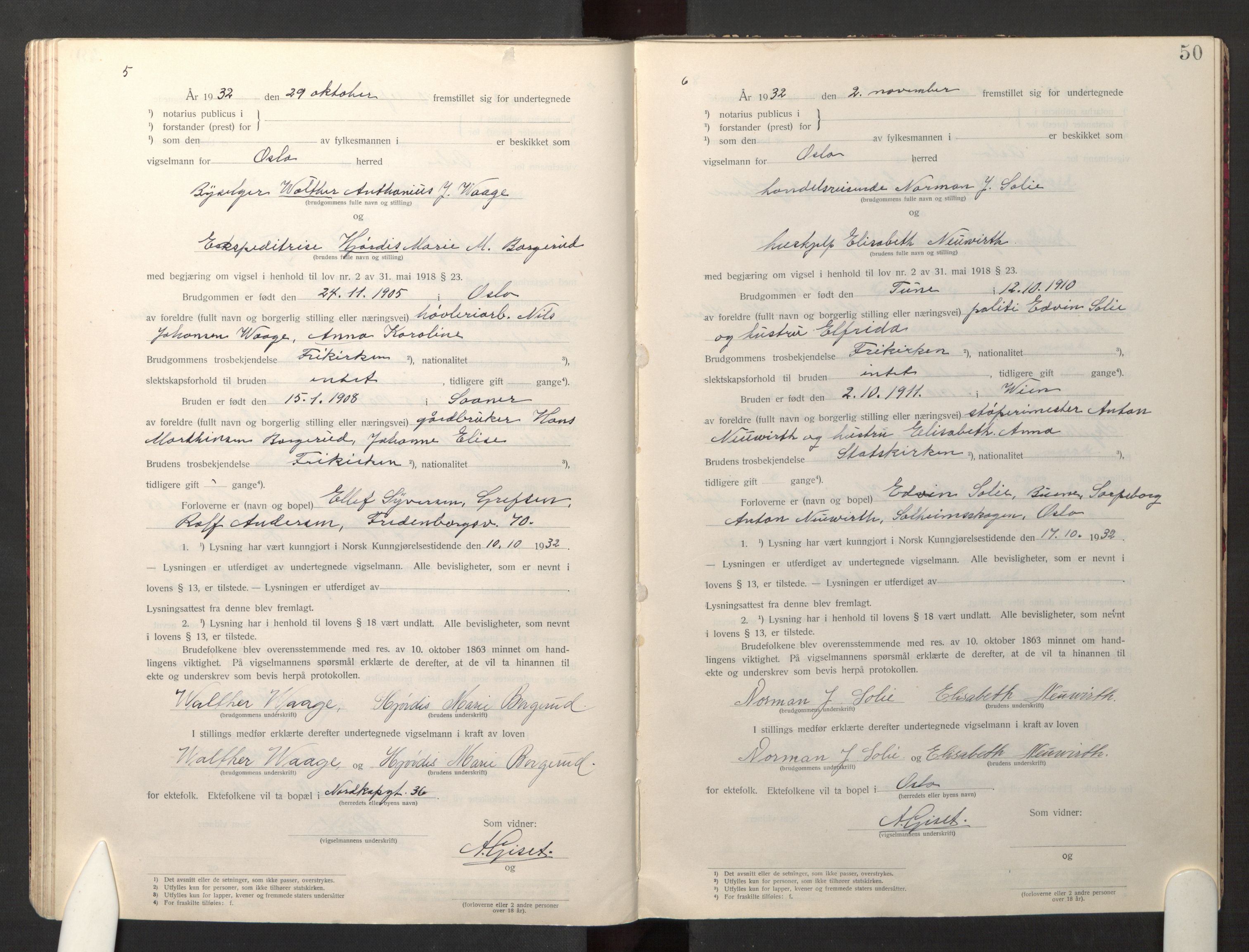 Den evangelisk-lutherske frikirke østre menighet, Oslo, AV/SAO-PAO-0245/F/L0005: Marriage register (dissenter) no. 5, 1920-1941, p. 50