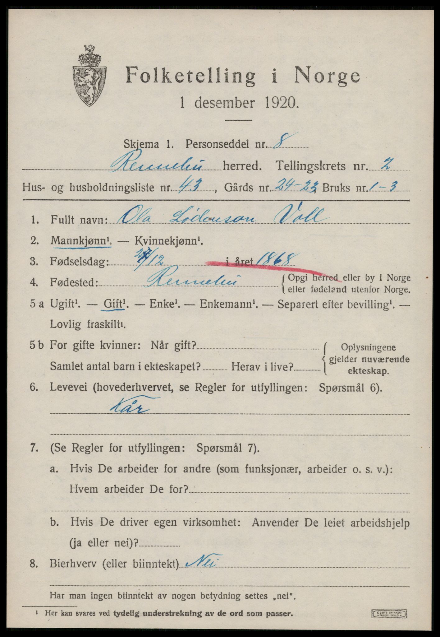 SAT, 1920 census for Rennebu, 1920, p. 1776