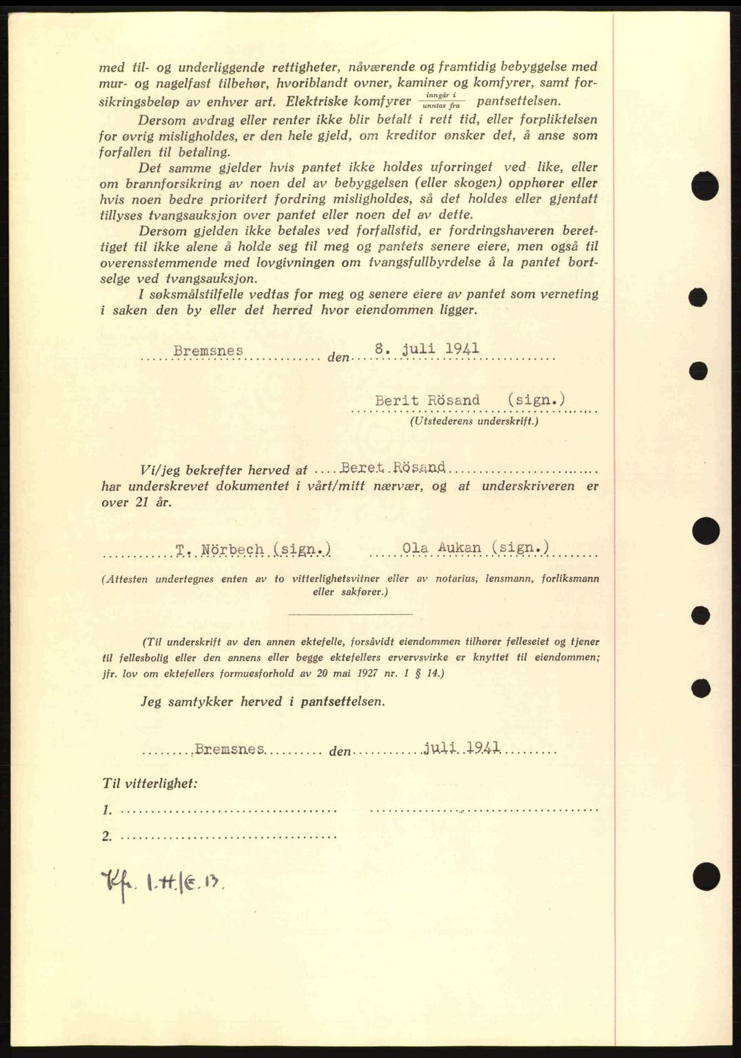 Nordmøre sorenskriveri, AV/SAT-A-4132/1/2/2Ca: Mortgage book no. B88, 1941-1942, Diary no: : 1273/1941