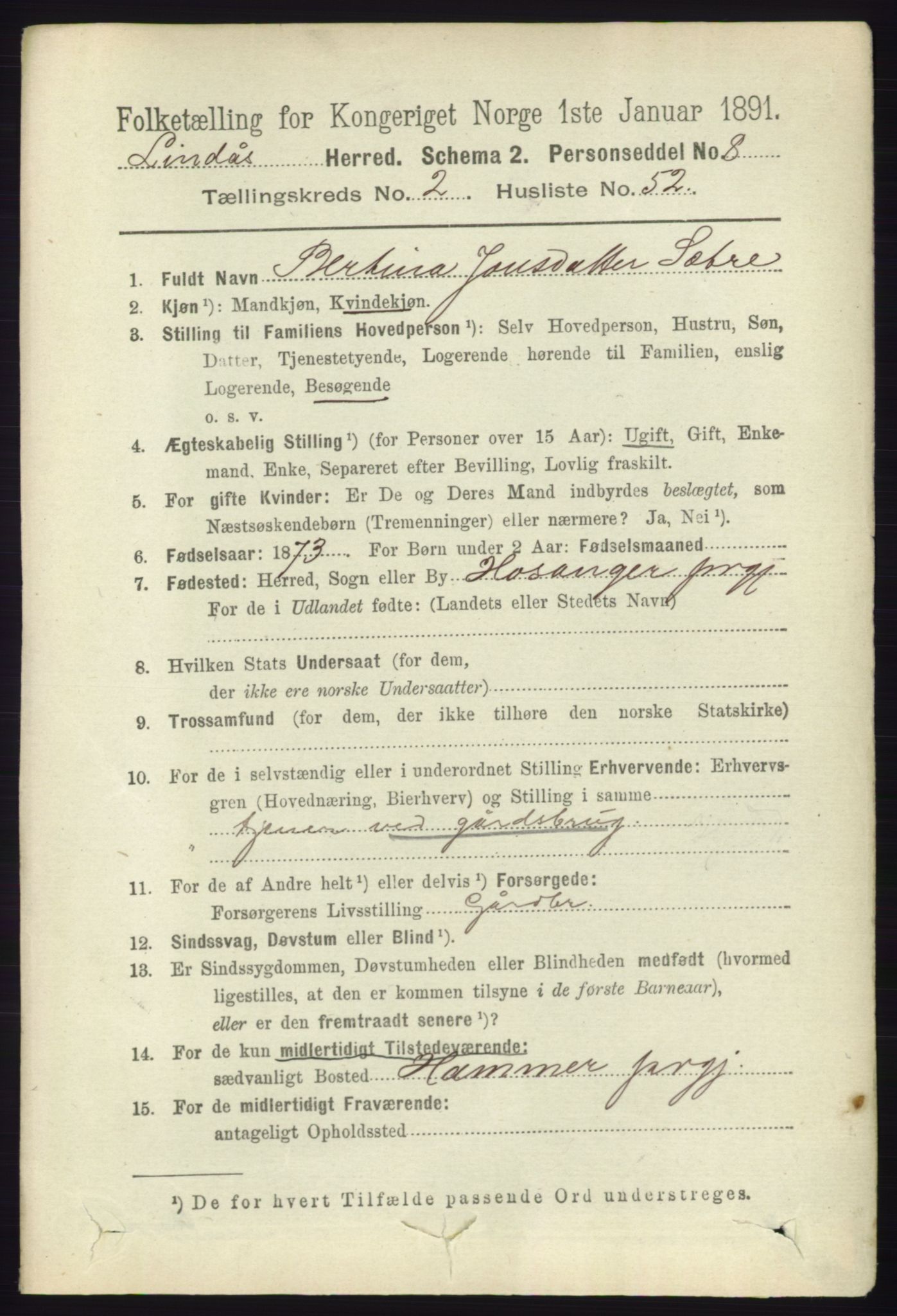 RA, 1891 census for 1263 Lindås, 1891, p. 755