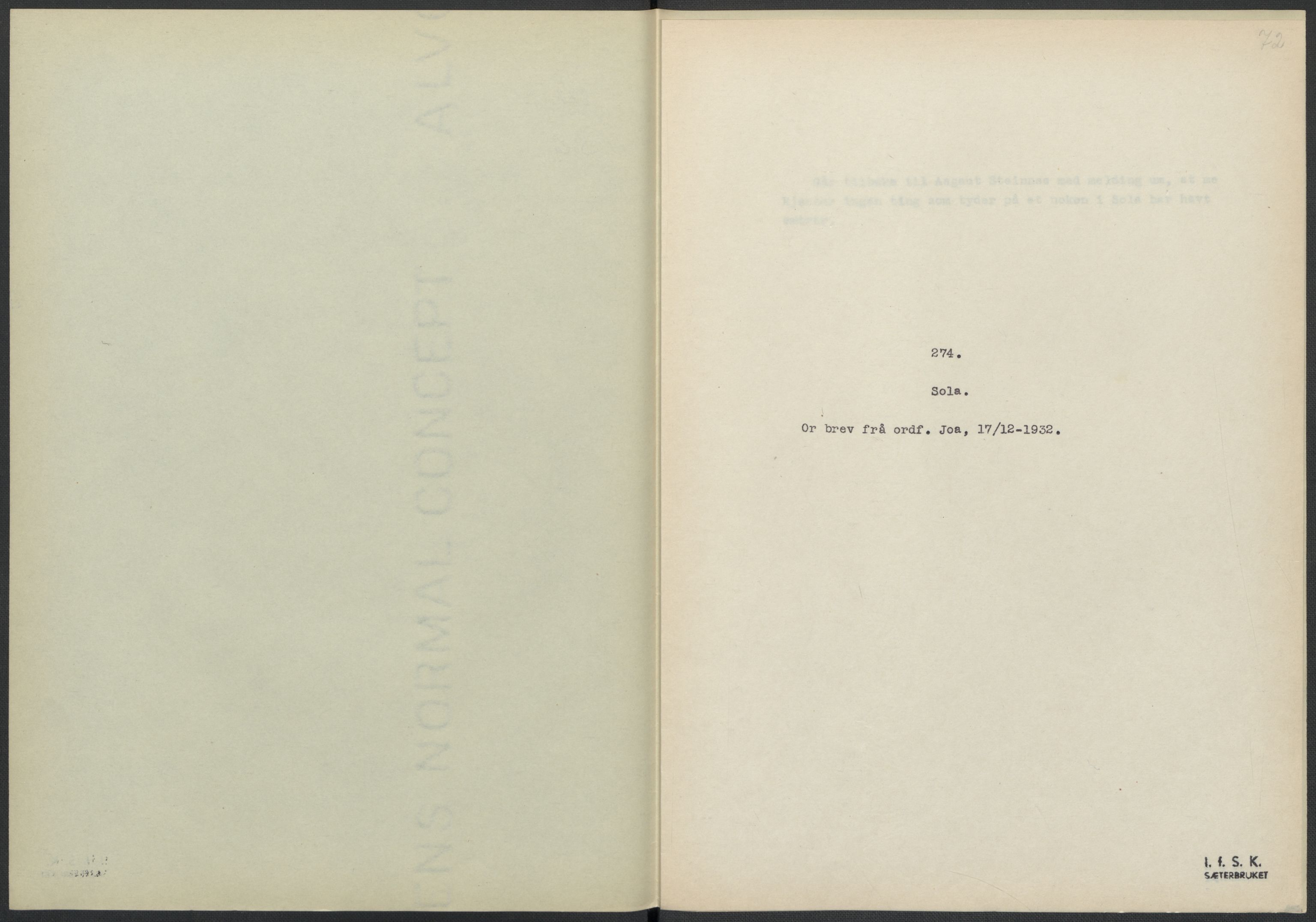 Instituttet for sammenlignende kulturforskning, RA/PA-0424/F/Fc/L0009/0001: Eske B9: / Rogaland (perm XXII), 1932-1935, p. 72