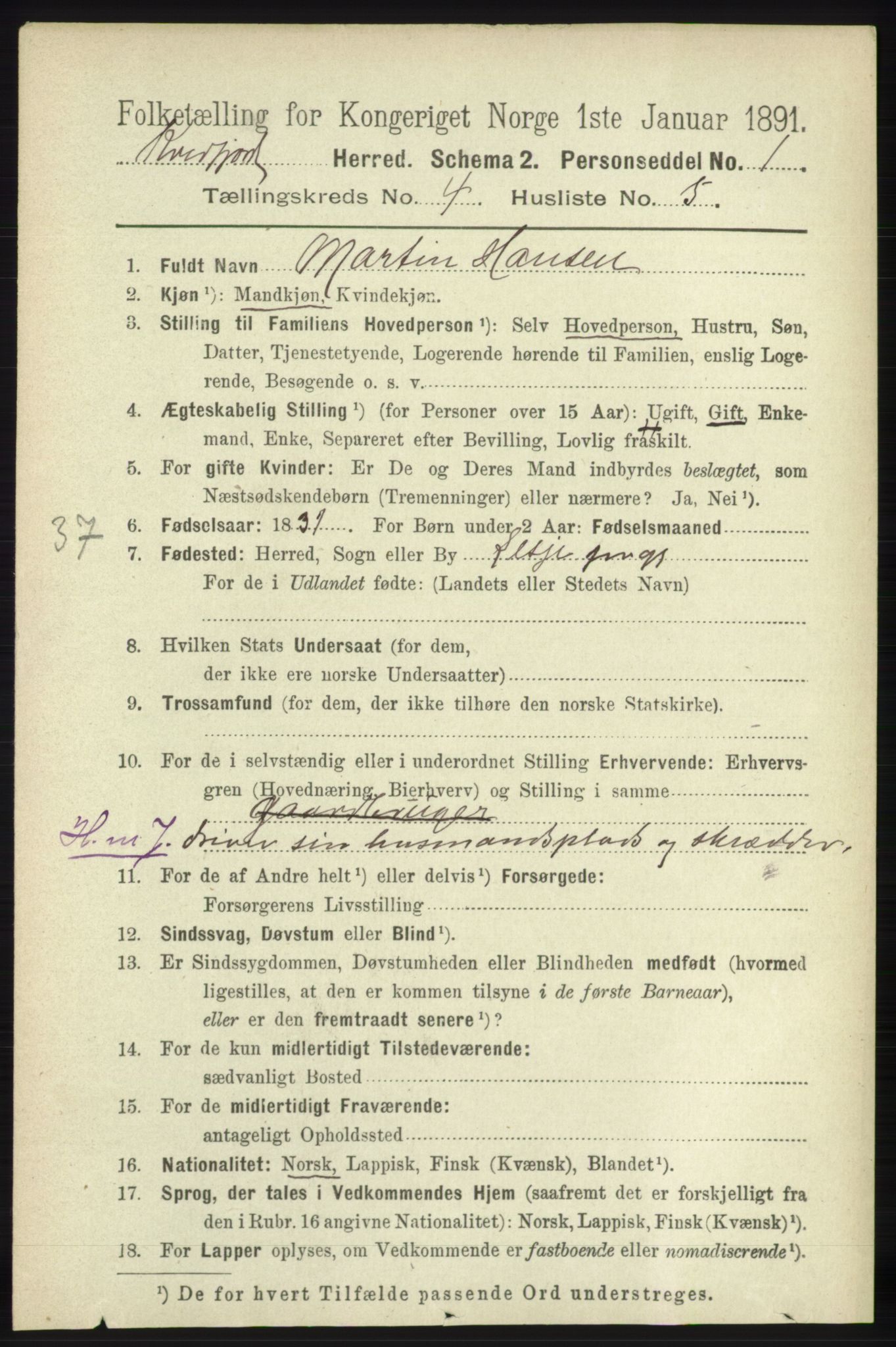 RA, 1891 census for 1911 Kvæfjord, 1891, p. 1914