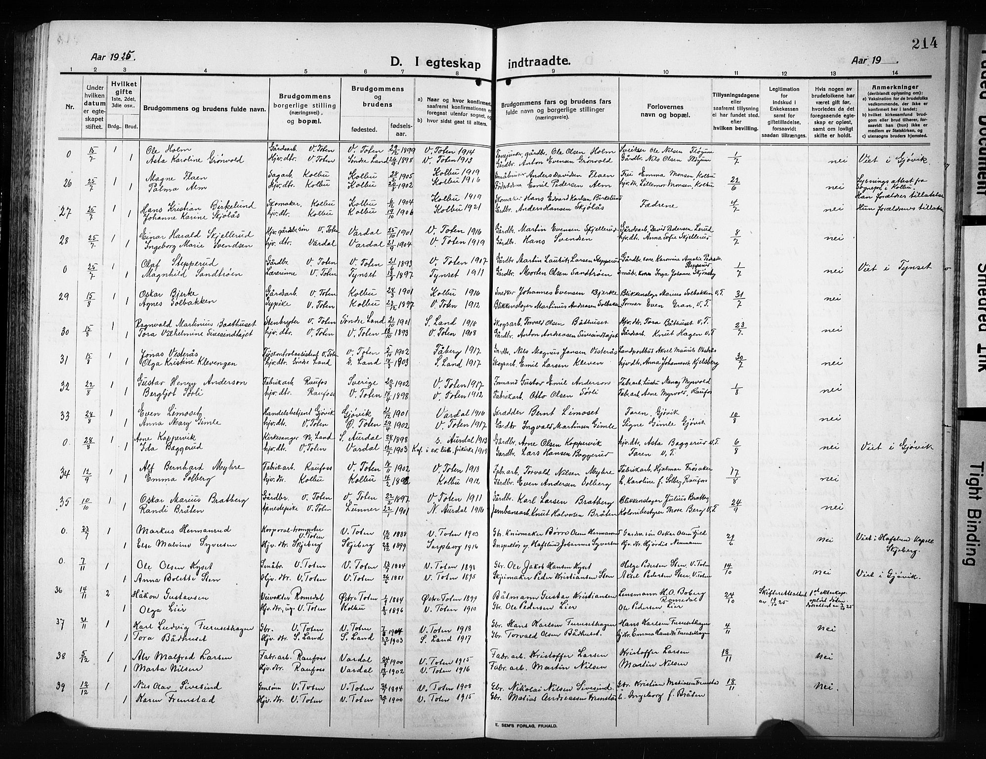 Vestre Toten prestekontor, SAH/PREST-108/H/Ha/Hab/L0012: Parish register (copy) no. 12, 1909-1928, p. 214