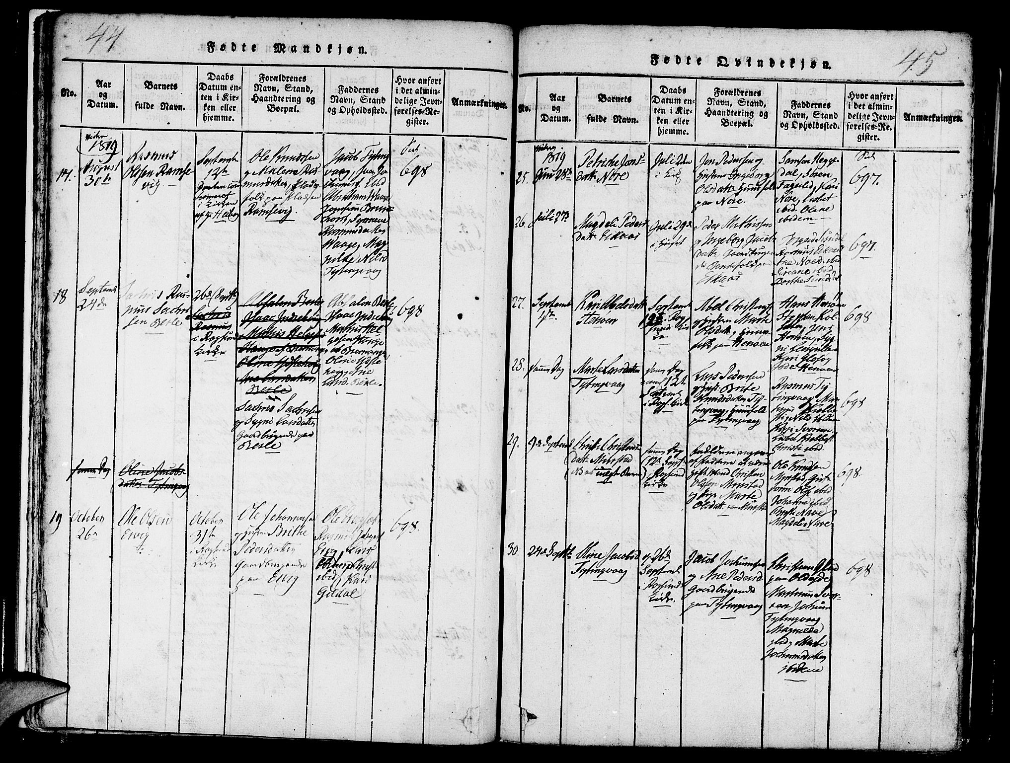 Davik sokneprestembete, AV/SAB-A-79701/H/Haa/Haaa/L0003: Parish register (official) no. A 3, 1816-1830, p. 44-45