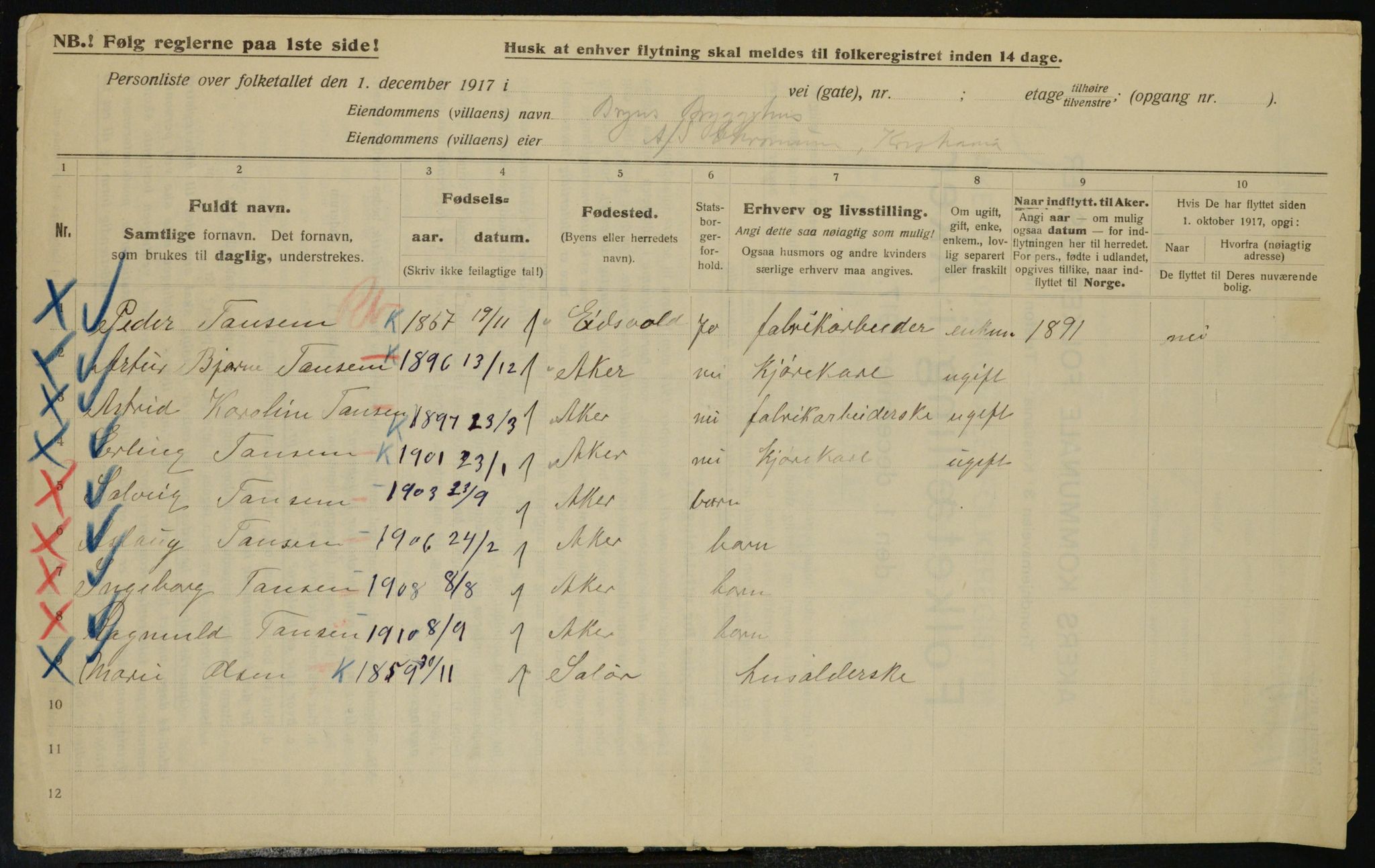 OBA, Municipal Census 1917 for Aker, 1917, p. 25678