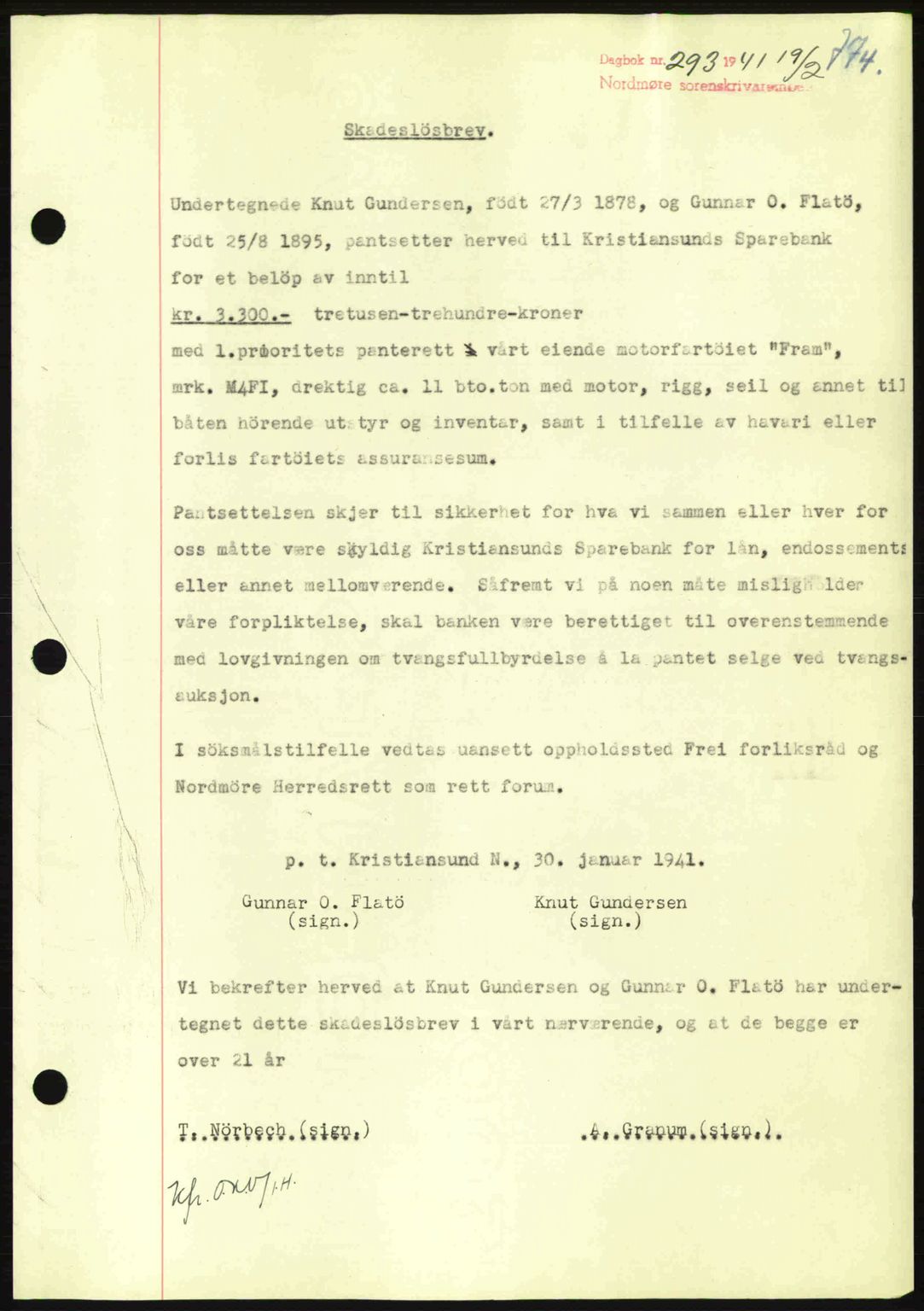 Nordmøre sorenskriveri, AV/SAT-A-4132/1/2/2Ca: Mortgage book no. B87, 1940-1941, Diary no: : 293/1941