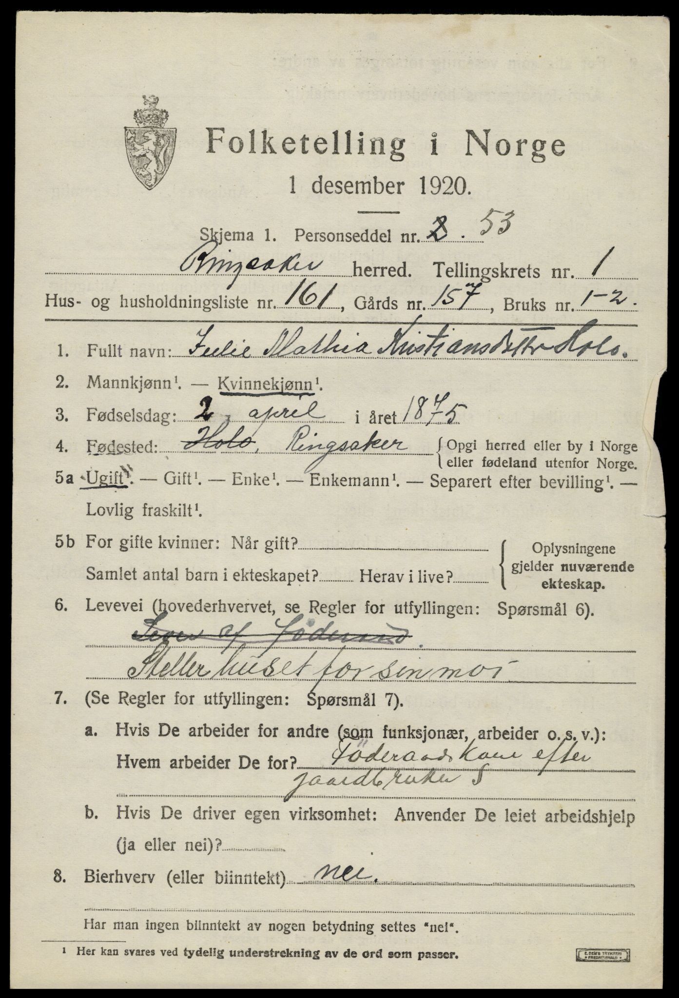 SAH, 1920 census for Ringsaker, 1920, p. 6358