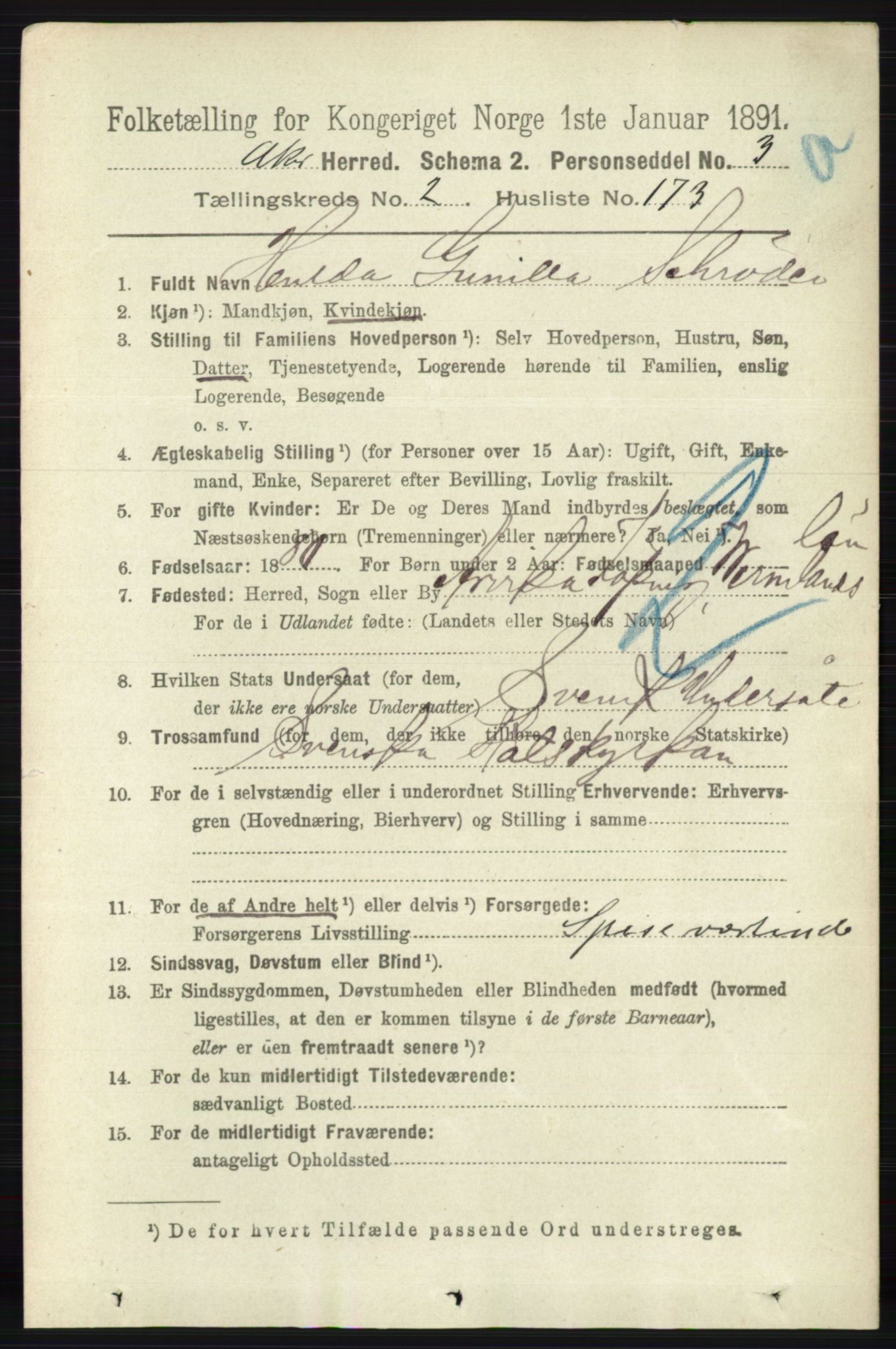 RA, 1891 census for 0218 Aker, 1891, p. 2823