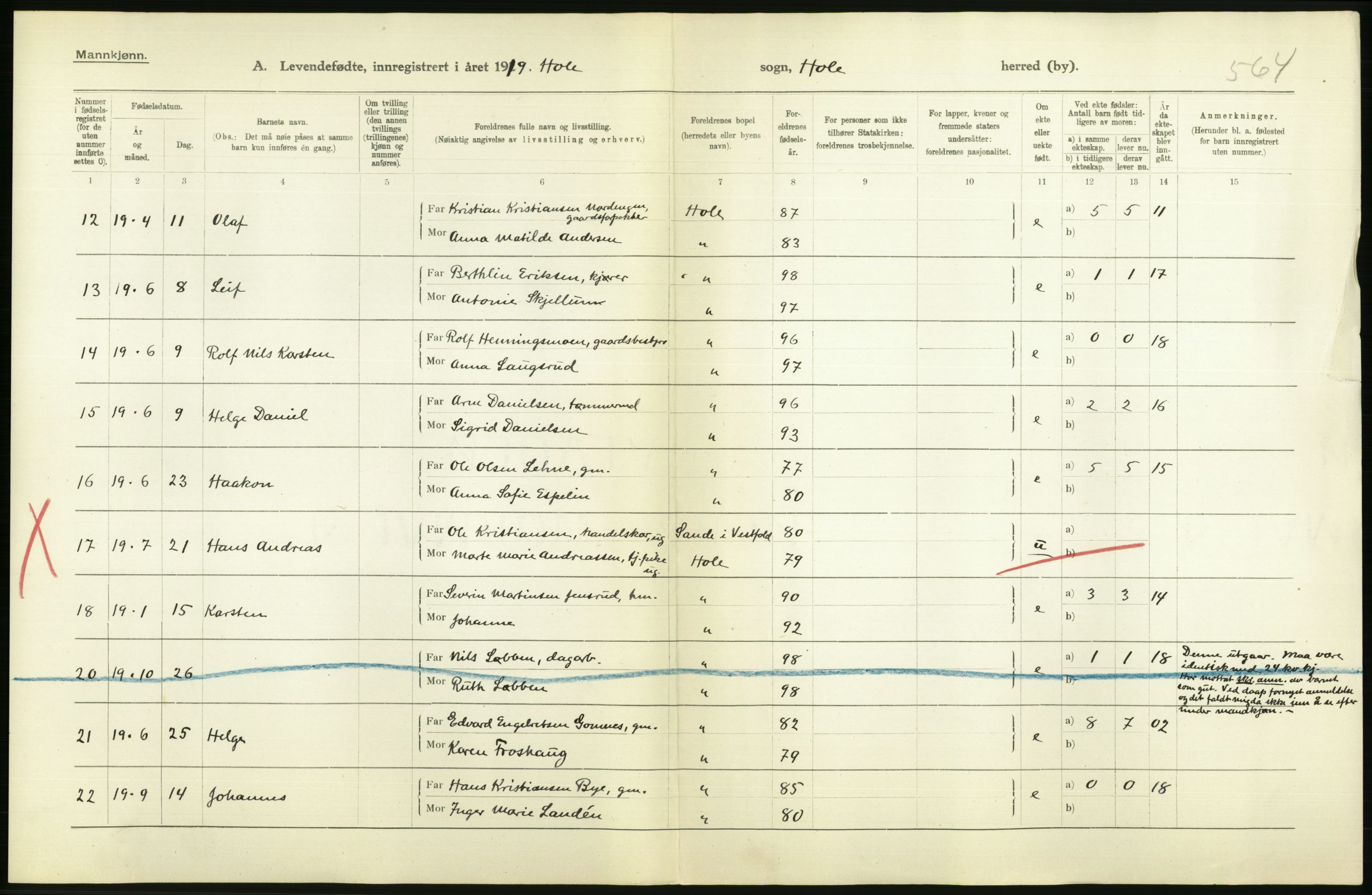 Statistisk sentralbyrå, Sosiodemografiske emner, Befolkning, RA/S-2228/D/Df/Dfb/Dfbi/L0016: Buskerud fylke: Levendefødte menn og kvinner. Bygder., 1919, p. 550