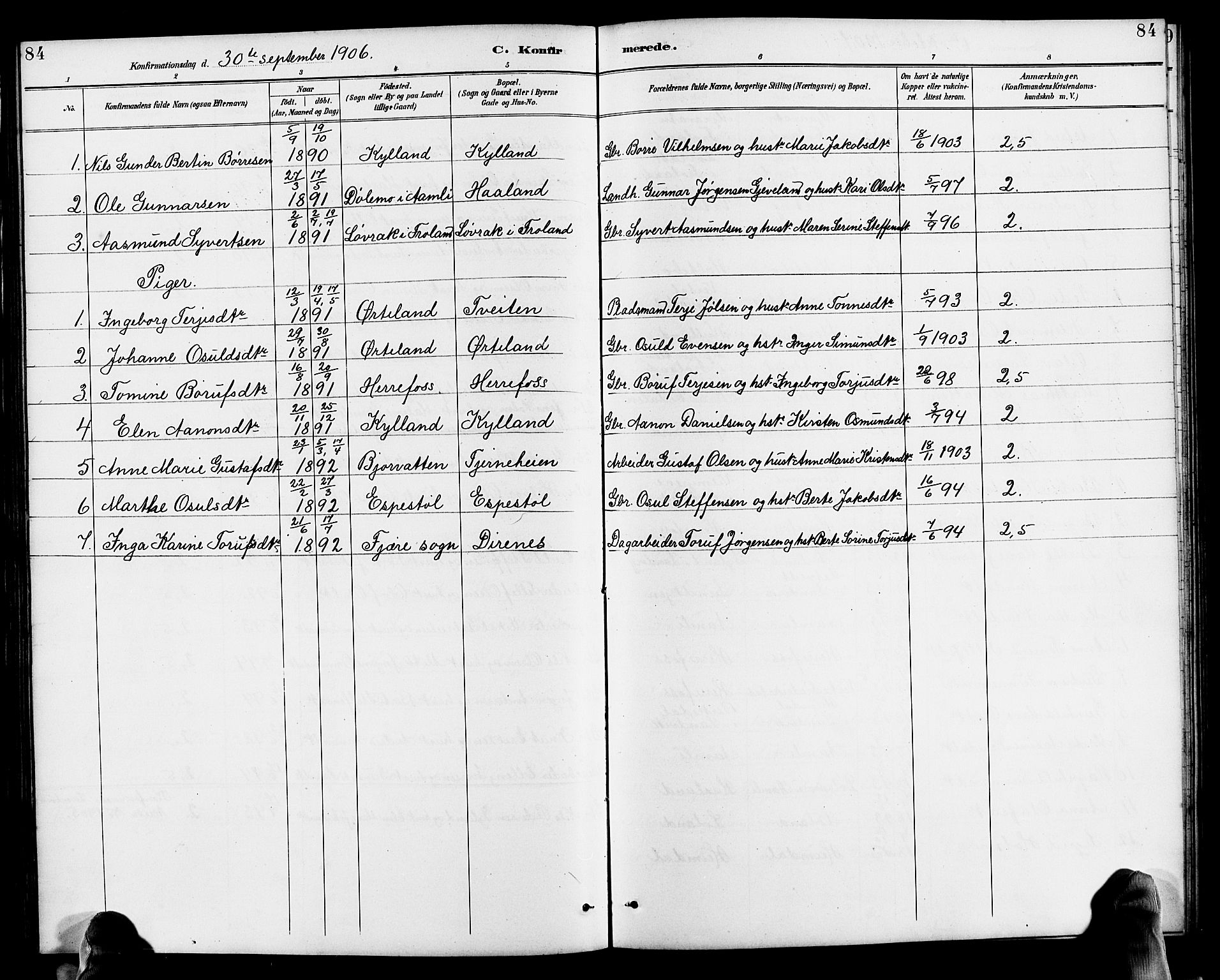 Herefoss sokneprestkontor, AV/SAK-1111-0019/F/Fb/Fba/L0003: Parish register (copy) no. B 3, 1887-1925, p. 84