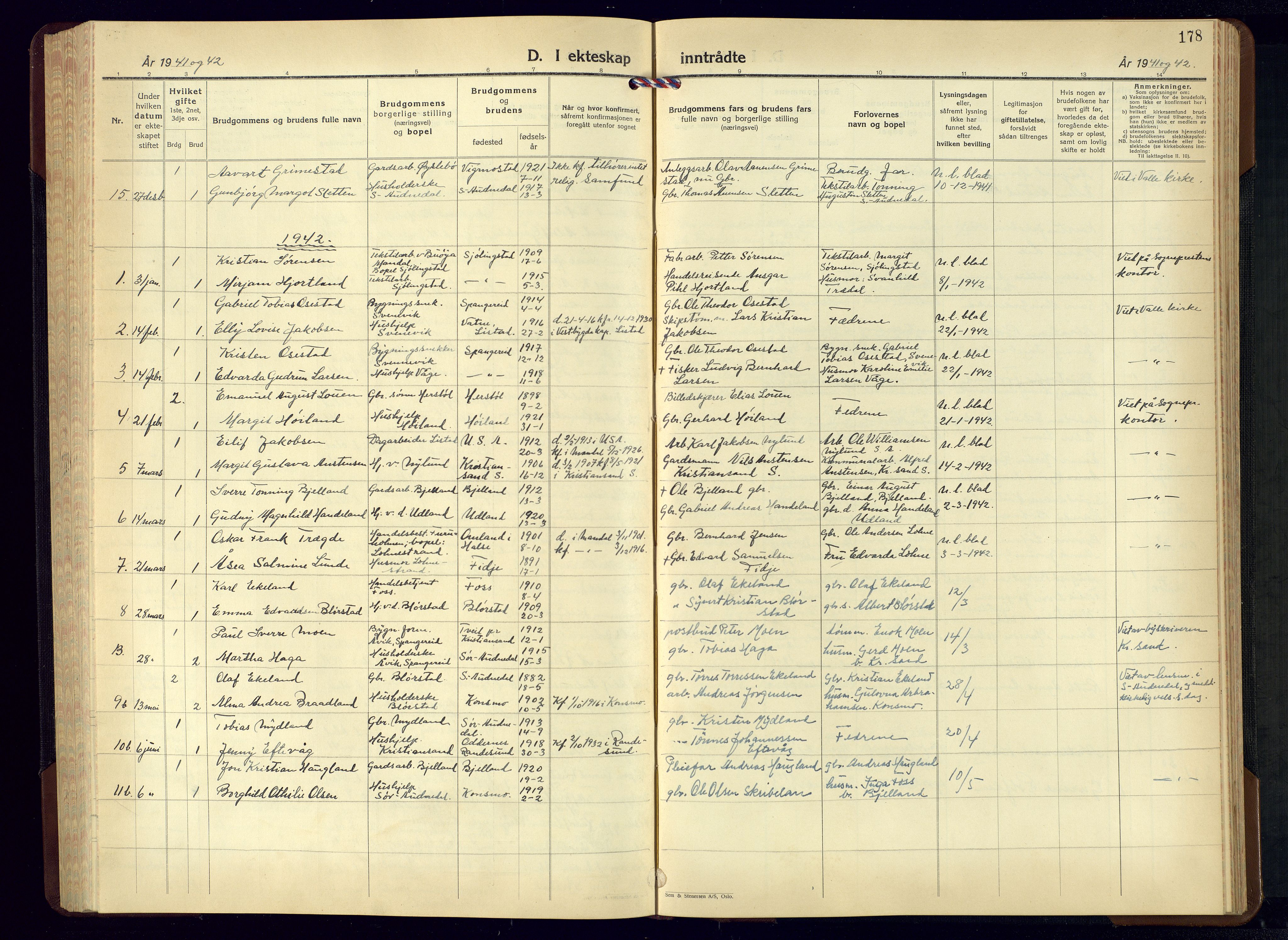 Sør-Audnedal sokneprestkontor, AV/SAK-1111-0039/F/Fb/Fbb/L0007: Parish register (copy) no. B-7, 1939-1965, p. 178