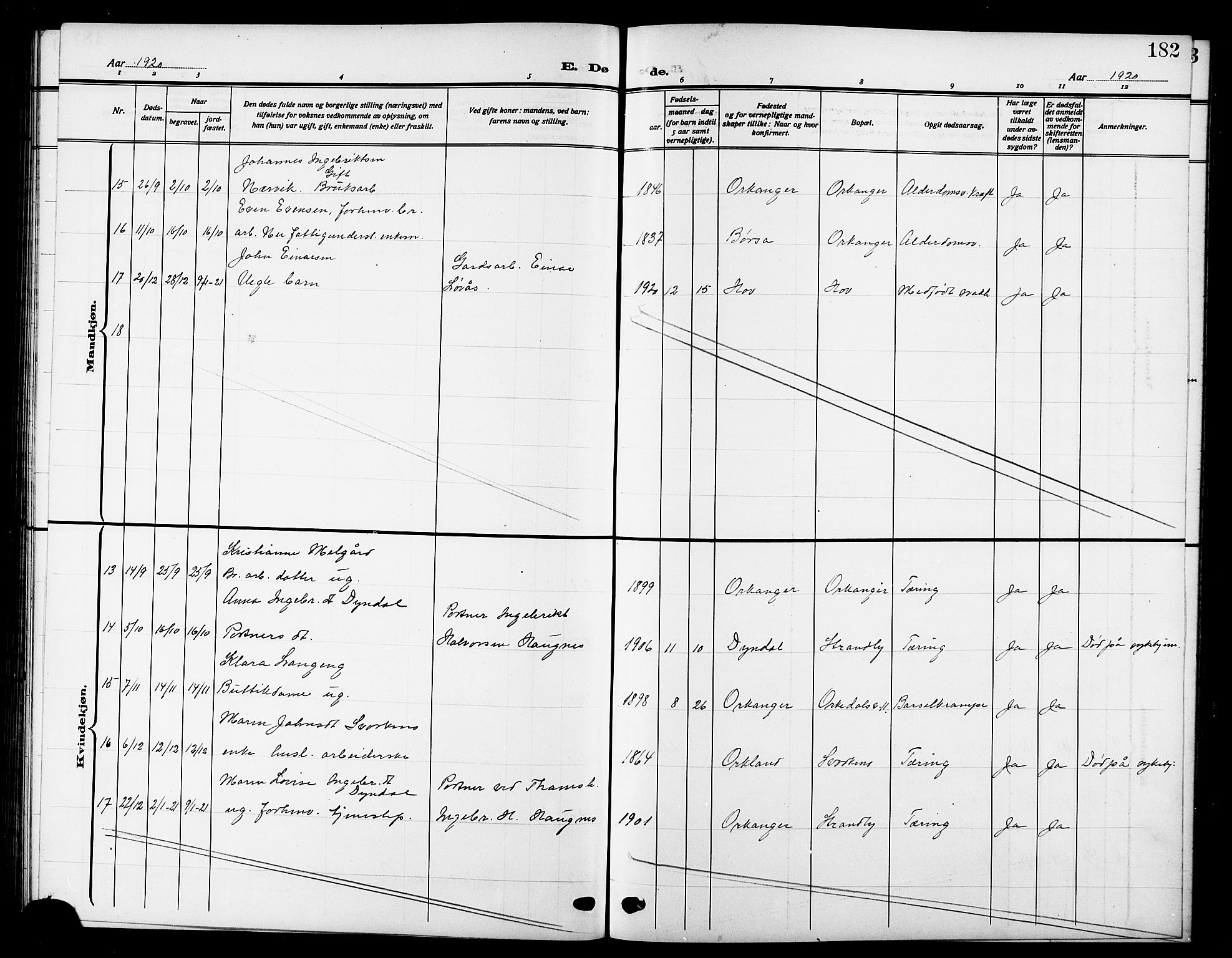 Ministerialprotokoller, klokkerbøker og fødselsregistre - Sør-Trøndelag, SAT/A-1456/669/L0831: Parish register (copy) no. 669C01, 1909-1924, p. 182
