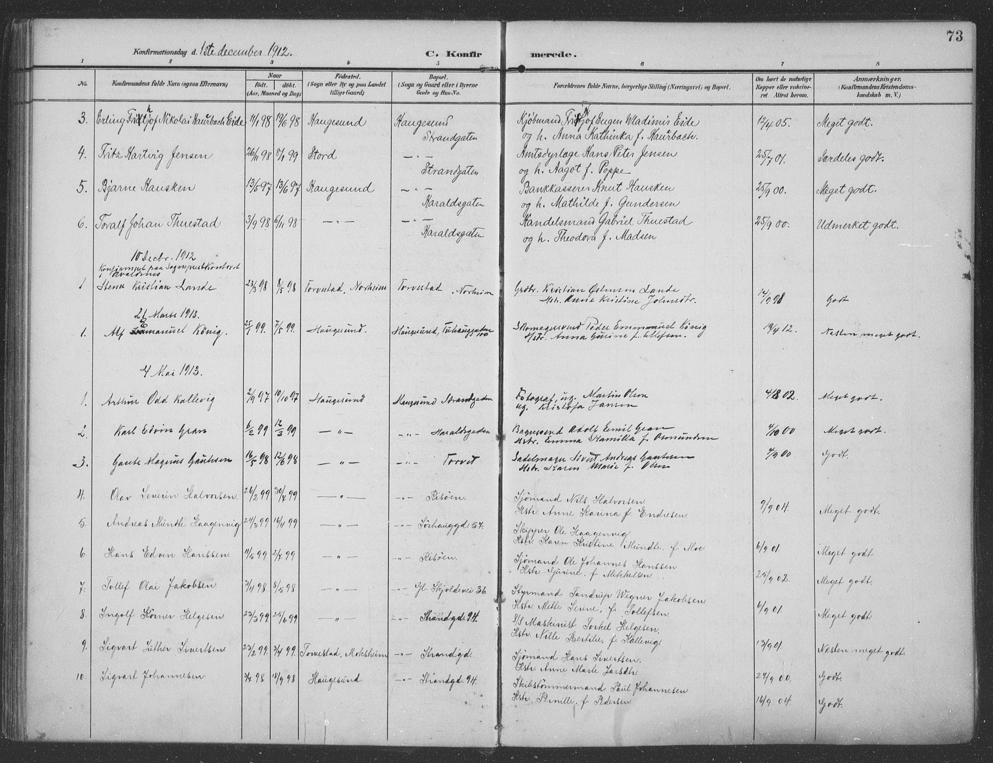 Haugesund sokneprestkontor, SAST/A -101863/H/Ha/Haa/L0007: Parish register (official) no. A 7, 1904-1916, p. 73