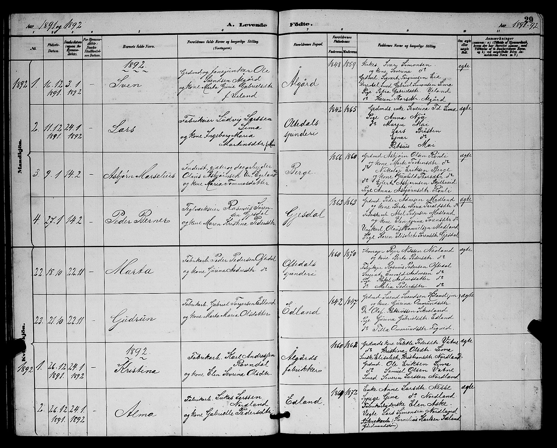 Lye sokneprestkontor, SAST/A-101794/001/30BB/L0008: Parish register (copy) no. B 7, 1887-1901, p. 29
