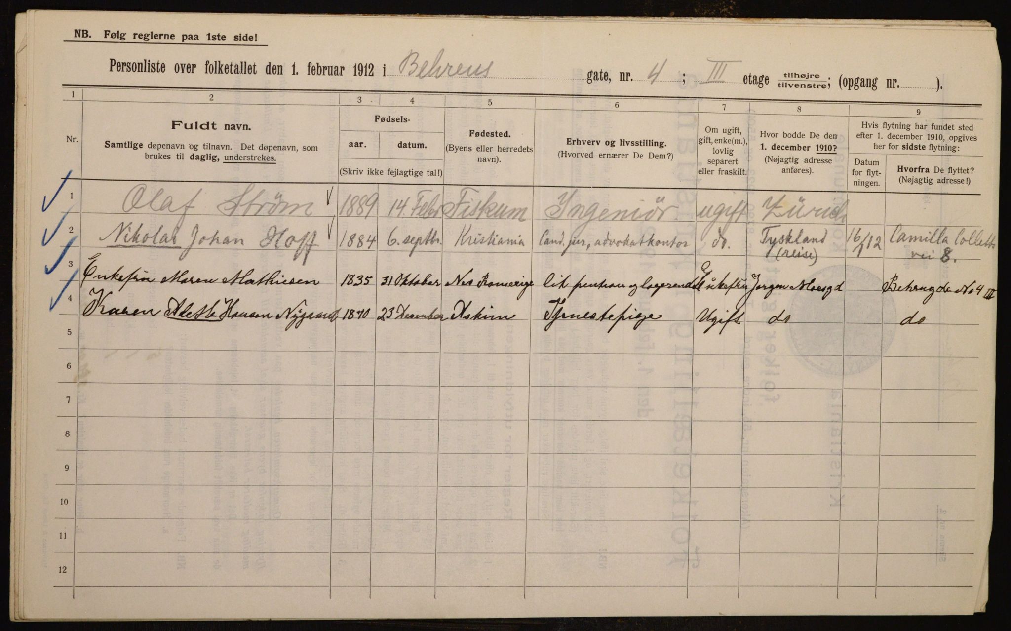 OBA, Municipal Census 1912 for Kristiania, 1912, p. 3276