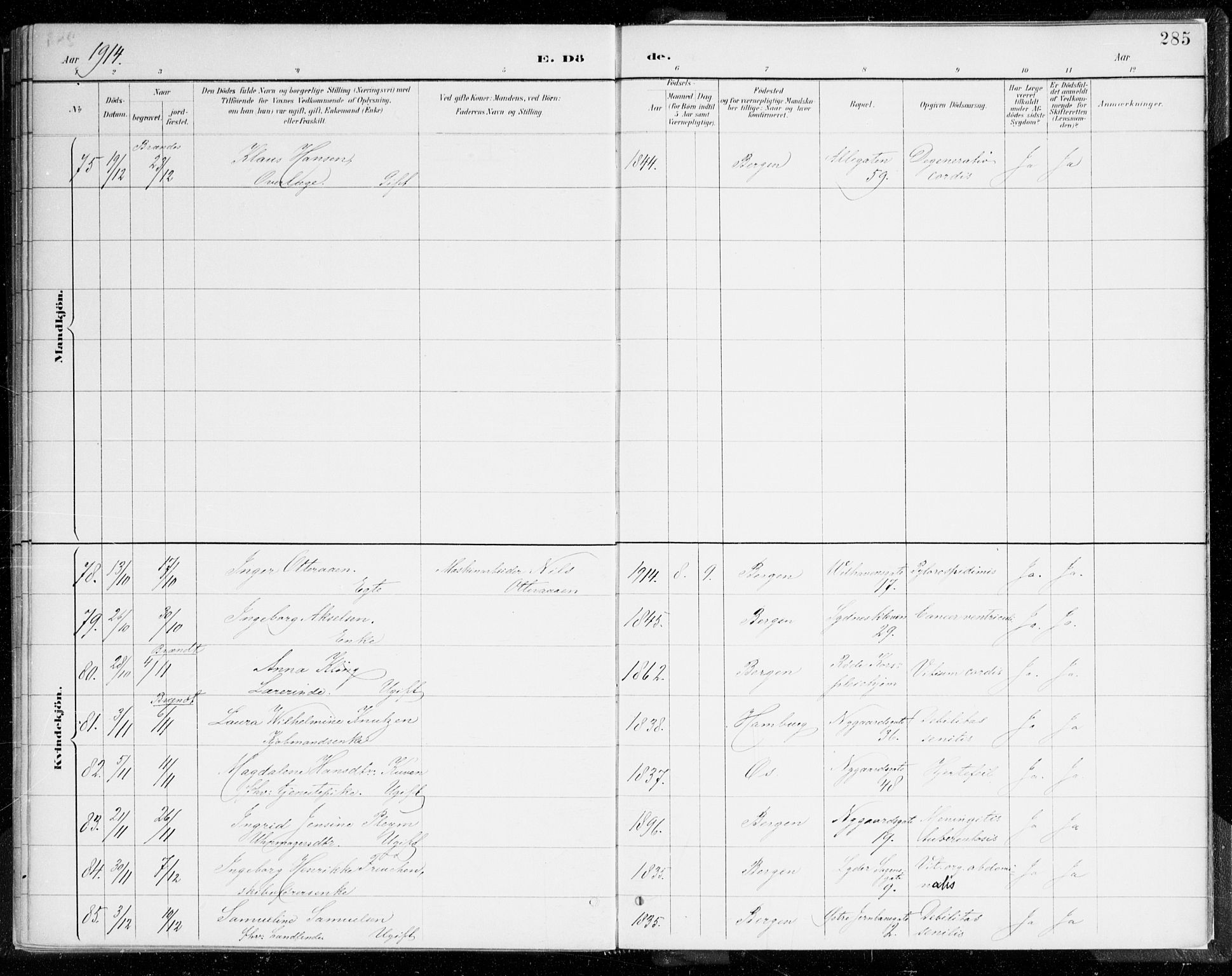 Johanneskirken sokneprestembete, AV/SAB-A-76001/H/Haa/L0019: Parish register (official) no. E 1, 1885-1915, p. 285