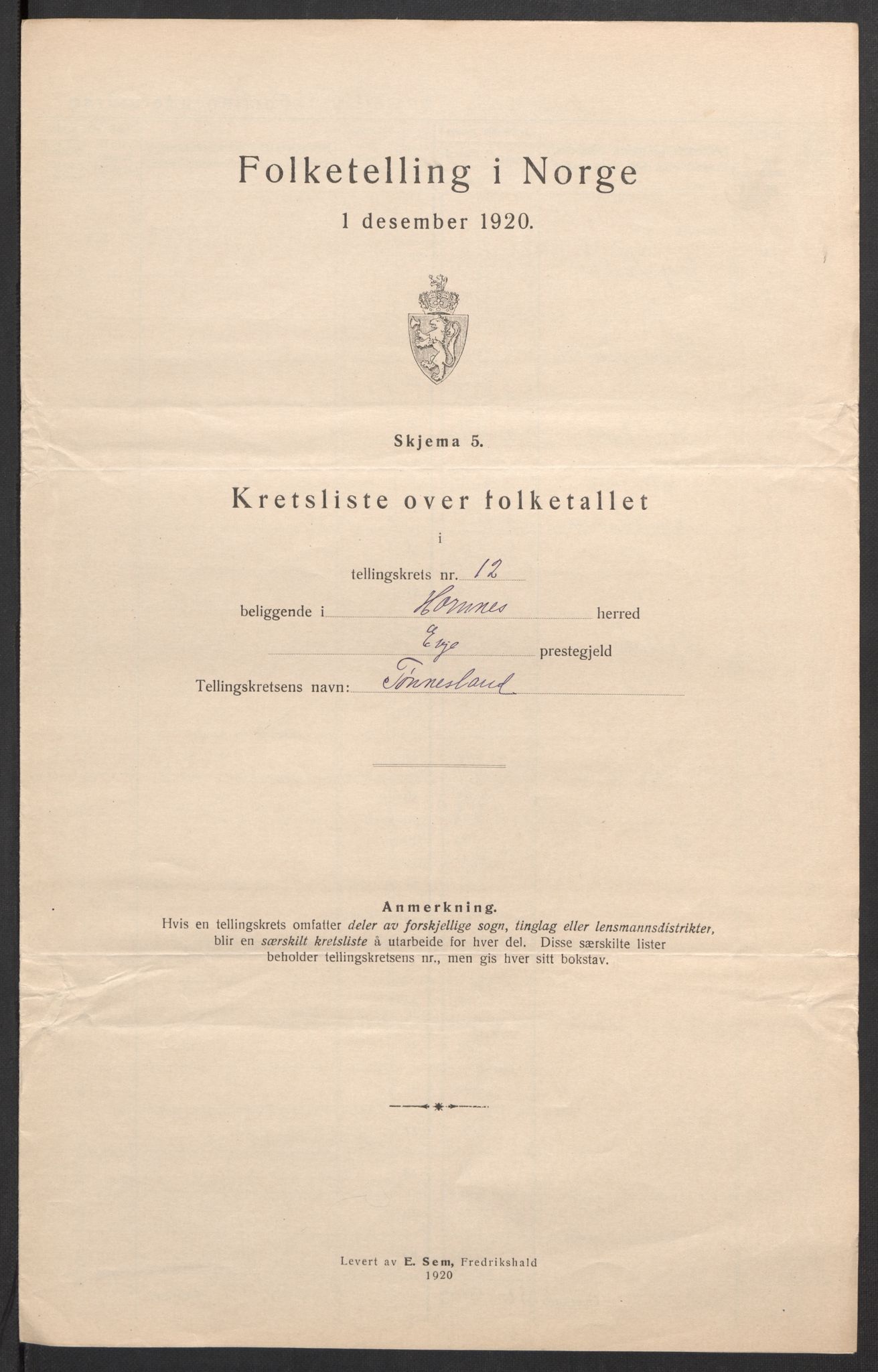 SAK, 1920 census for Hornnes, 1920, p. 44