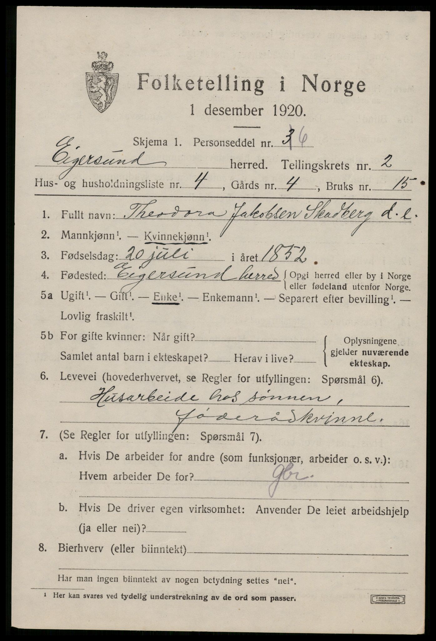 SAST, 1920 census for Eigersund, 1920, p. 1653