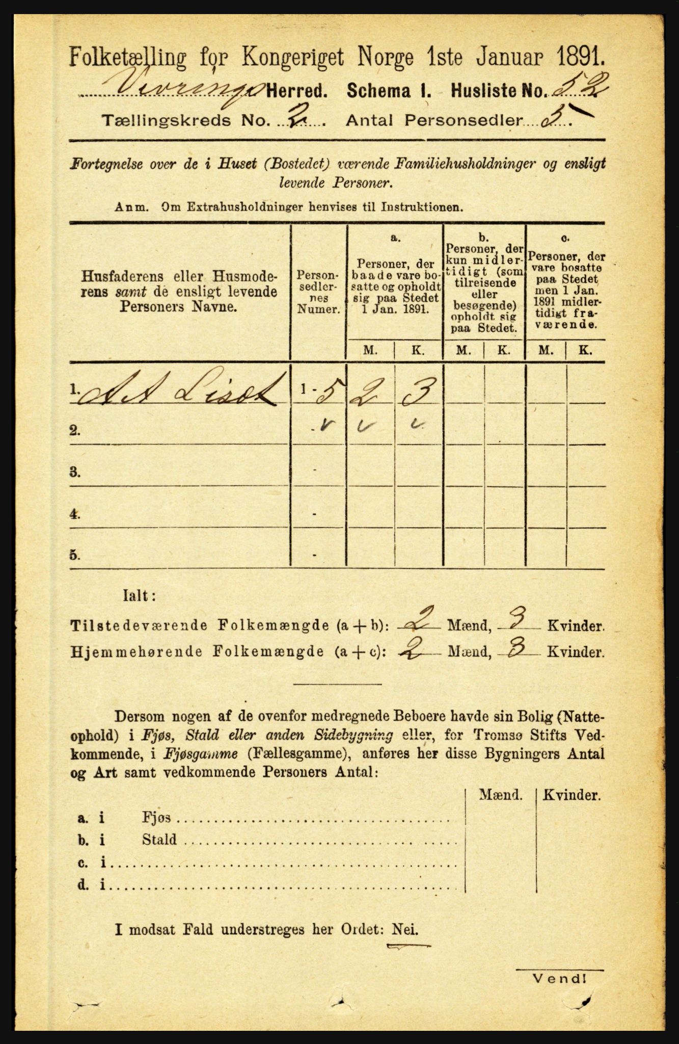 RA, 1891 census for 1434 Vevring, 1891, p. 422