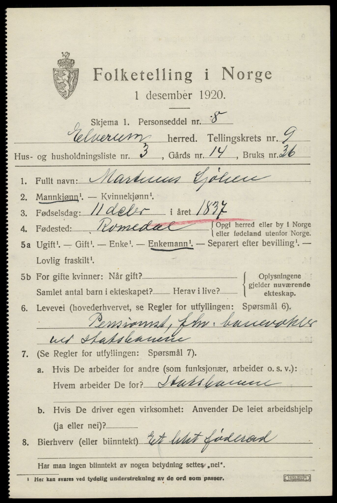 SAH, 1920 census for Elverum, 1920, p. 15588