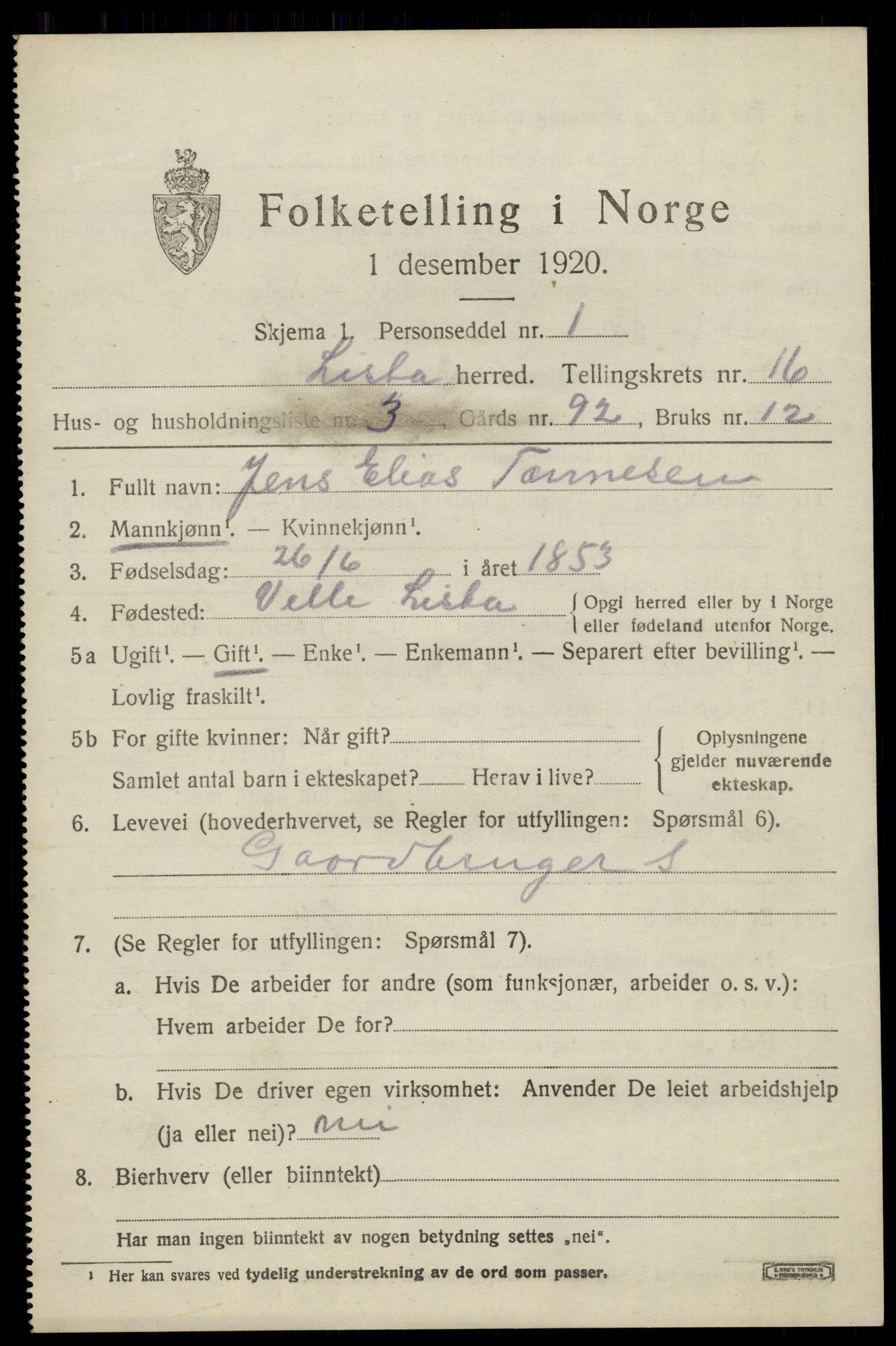 SAK, 1920 census for Lista, 1920, p. 12951