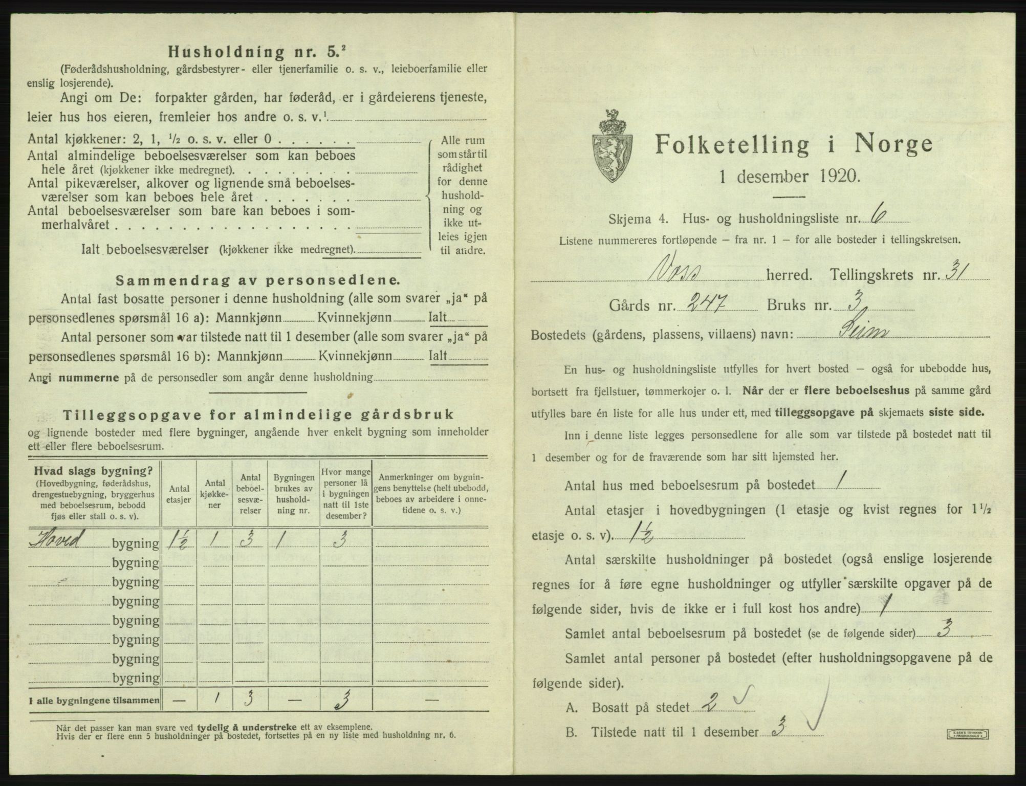 SAB, 1920 census for Voss, 1920, p. 2697