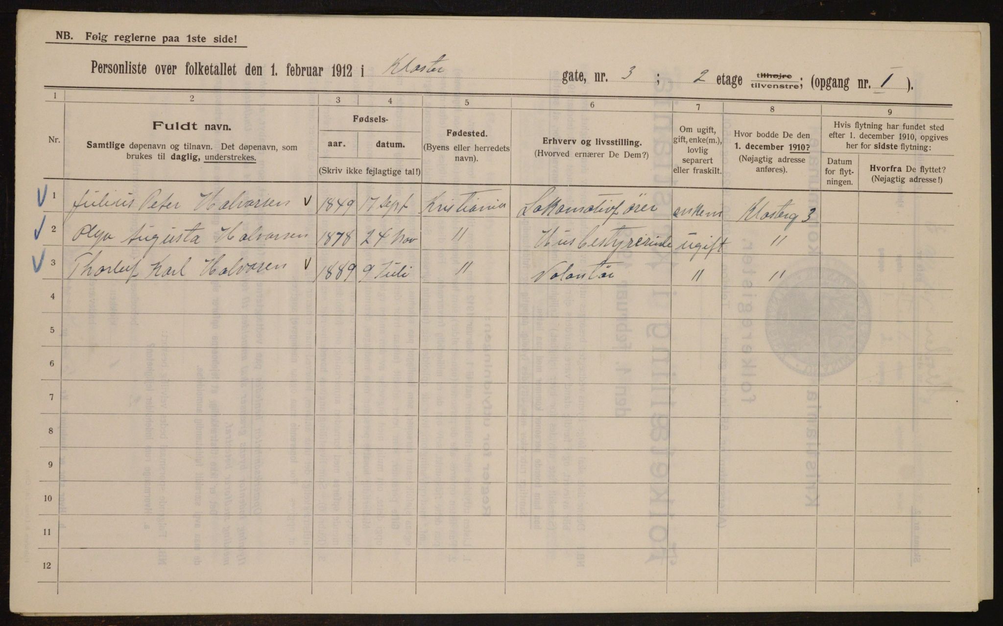 OBA, Municipal Census 1912 for Kristiania, 1912, p. 52355