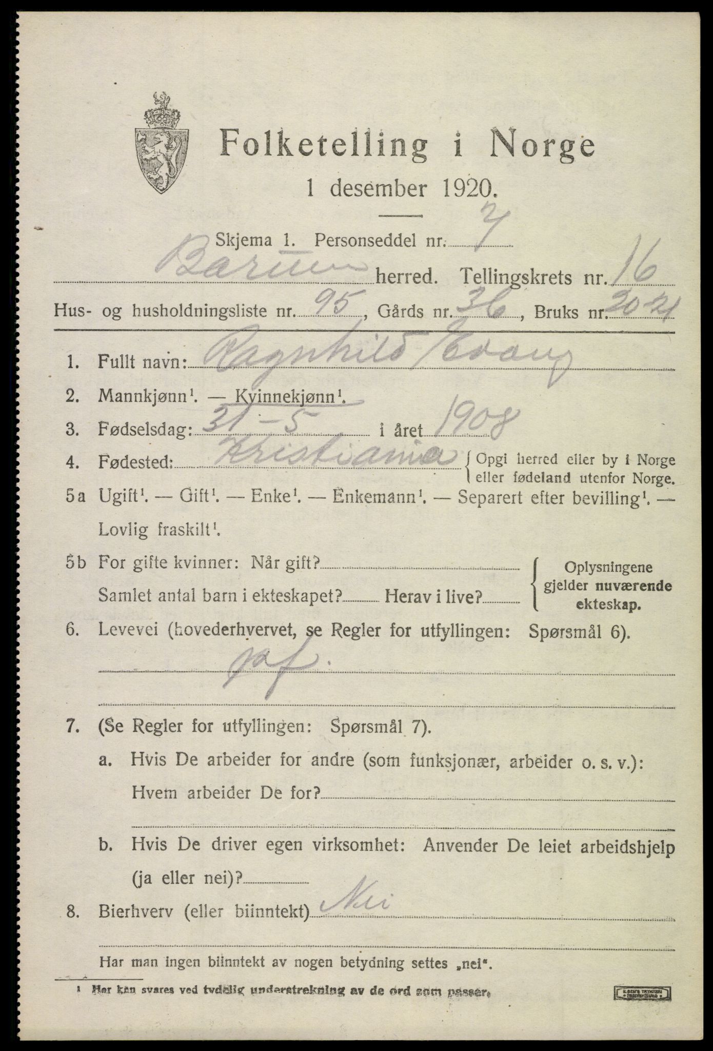 SAO, 1920 census for Bærum, 1920, p. 44598