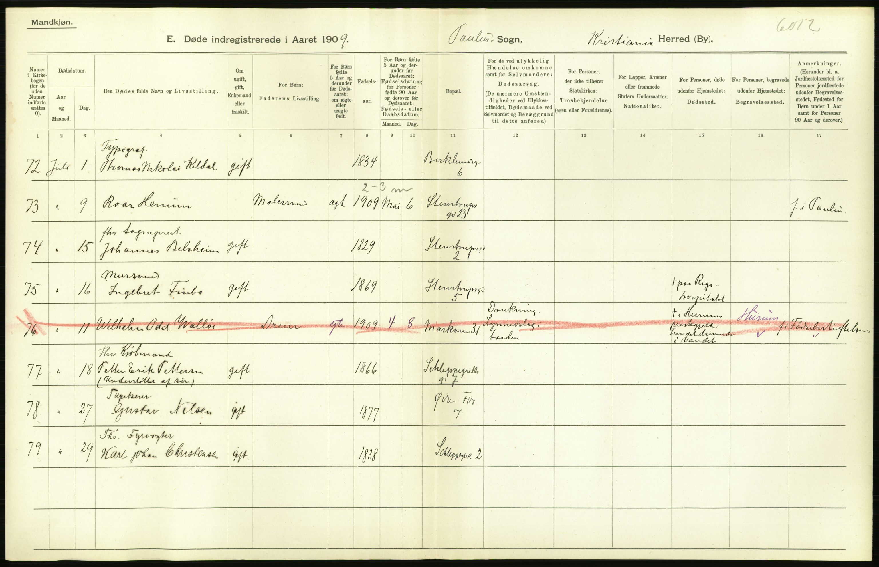 Statistisk sentralbyrå, Sosiodemografiske emner, Befolkning, AV/RA-S-2228/D/Df/Dfa/Dfag/L0010: Kristiania: Døde, dødfødte., 1909, p. 242