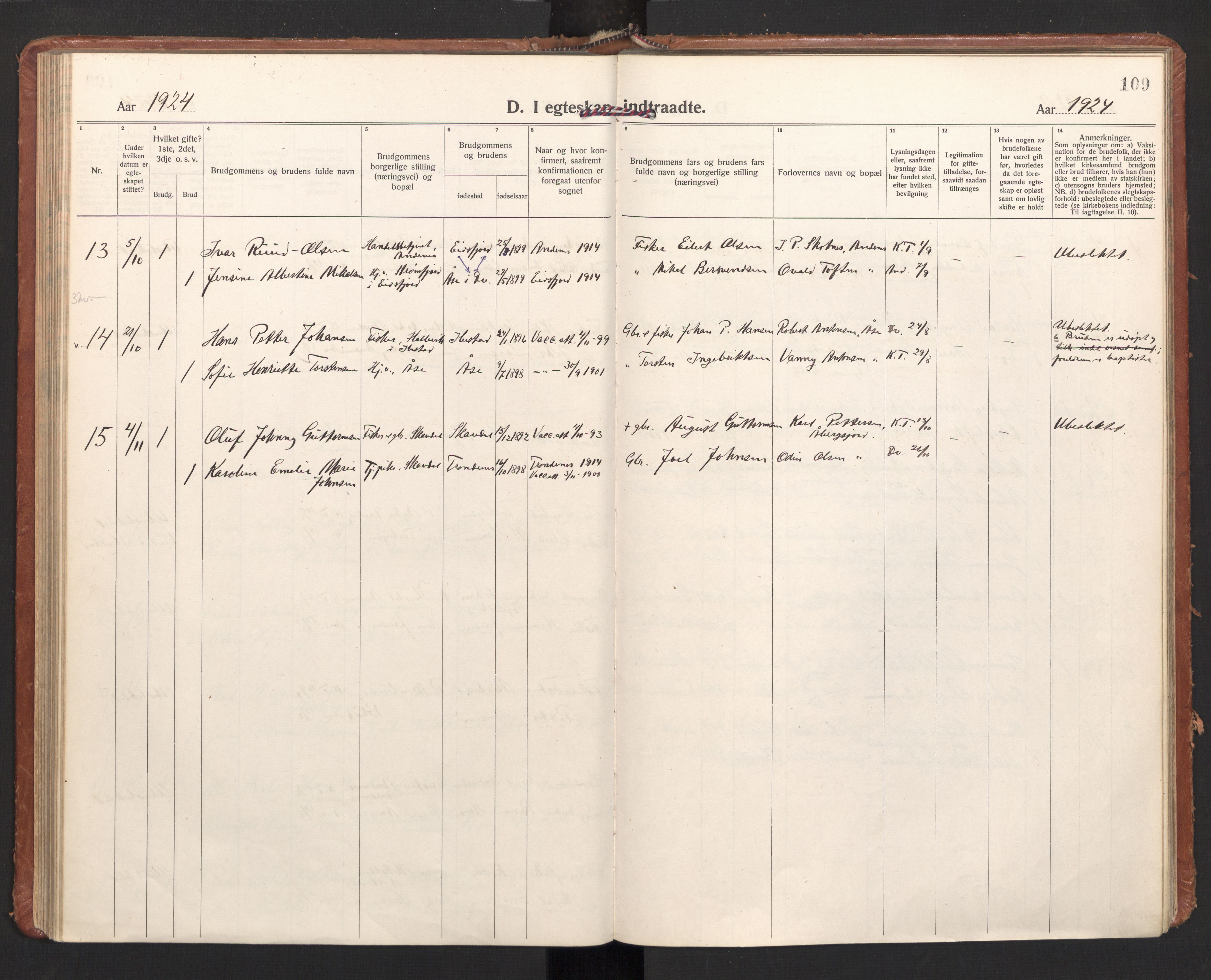 Ministerialprotokoller, klokkerbøker og fødselsregistre - Nordland, SAT/A-1459/897/L1408: Parish register (official) no. 897A15, 1922-1938, p. 109