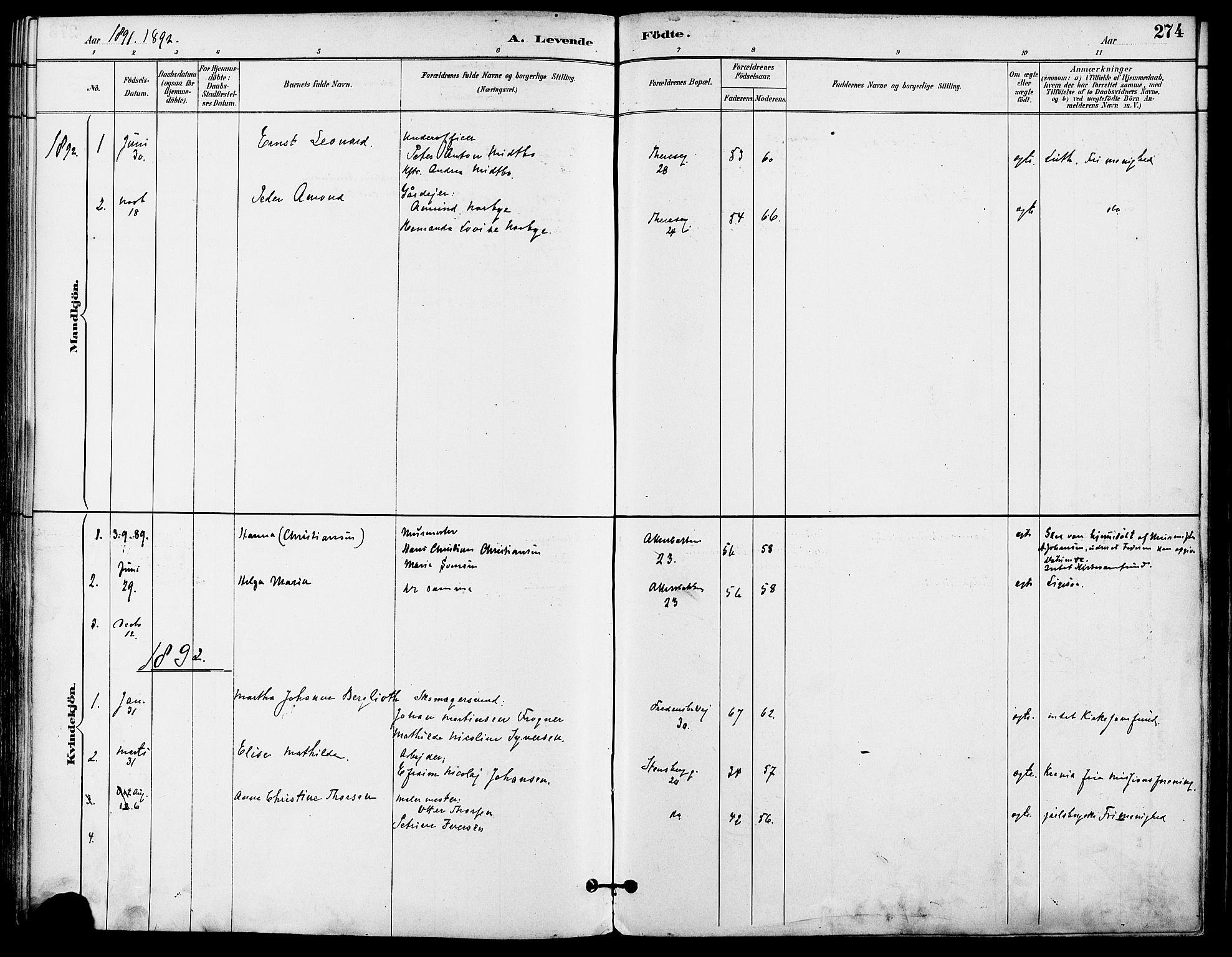 Gamle Aker prestekontor Kirkebøker, SAO/A-10617a/F/L0008: Parish register (official) no. 8, 1887-1896, p. 274