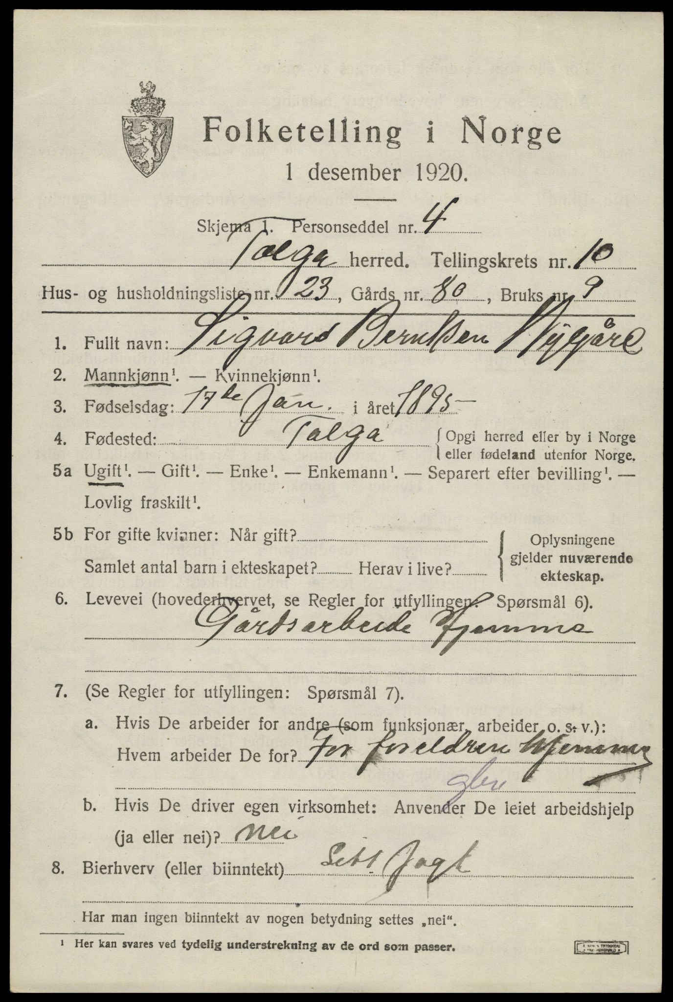 SAH, 1920 census for Tolga, 1920, p. 5185