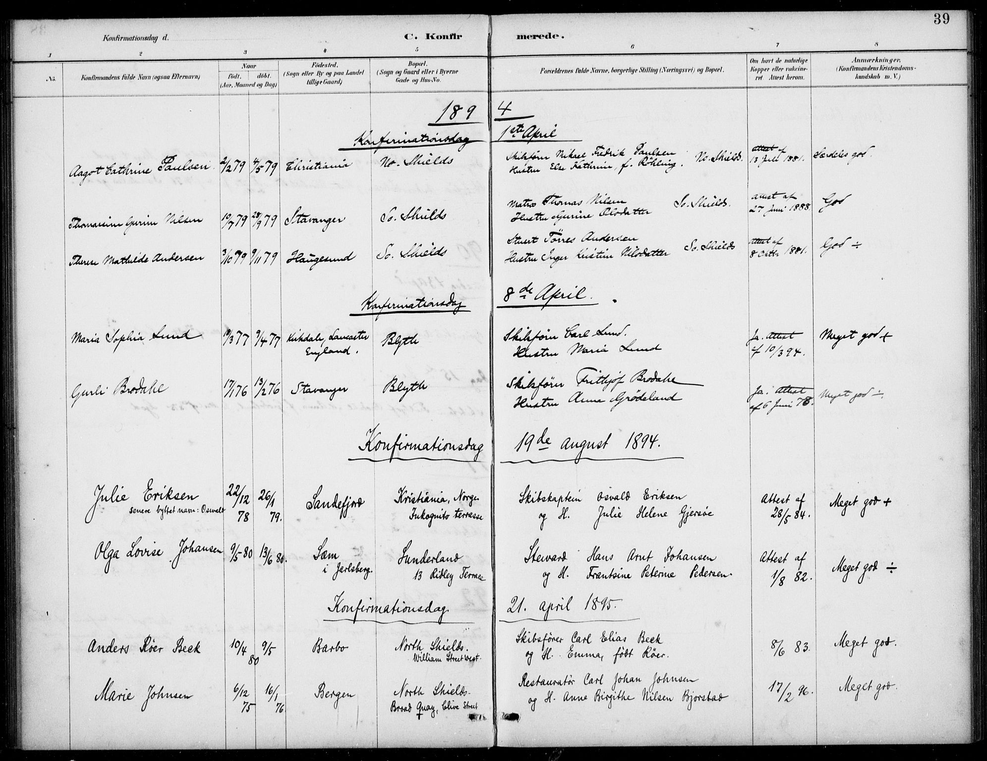 Den norske sjømannsmisjon i utlandet/Tyne-havnene (North Shields og New Castle), SAB/SAB/PA-0101/H/Ha/L0002: Parish register (official) no. A 2, 1883-1938, p. 39